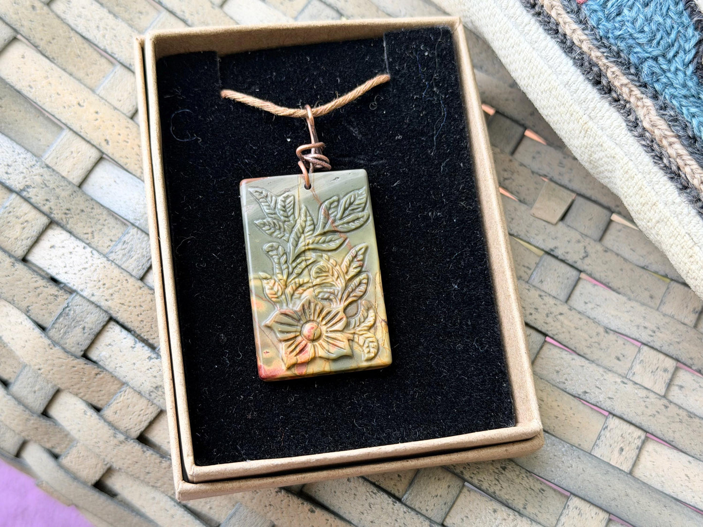 Carved Picasso Jasper gemstone necklace. Unusual gemstone jewellery. Boho eco friendly necklace with carved flowers and leaves.