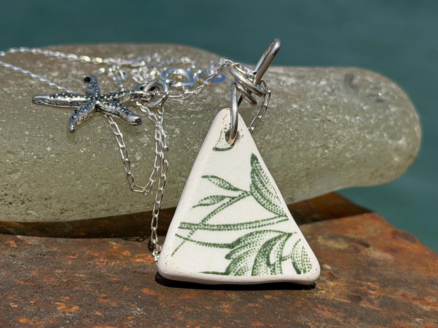 Eco friendly sea ceramic necklace on a sterling silver chain. Eco friendly jewellery, ethical jewellery. Eco friendly necklace.