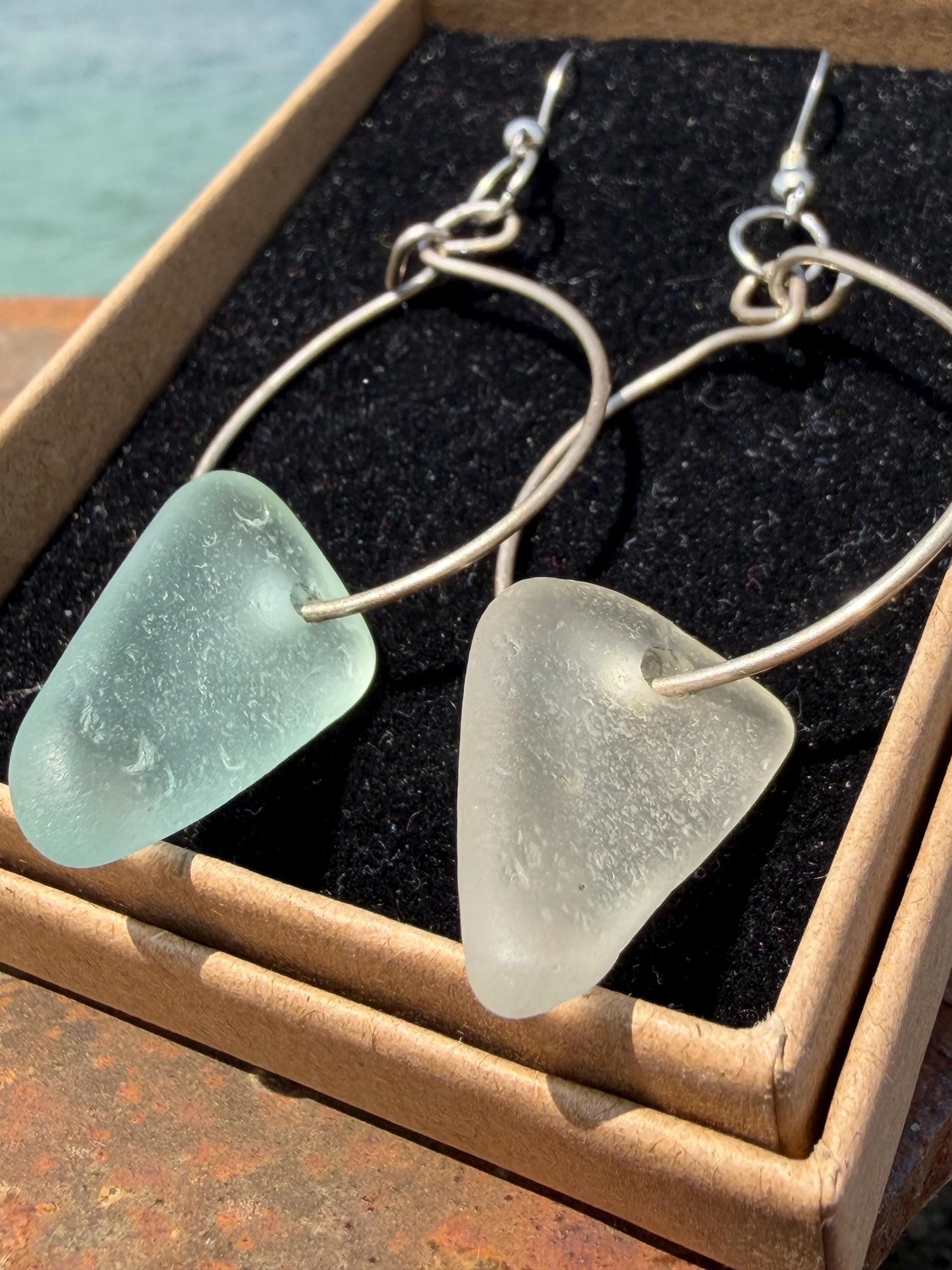 Sea glass and sterling silver earrings. Unique jewellery, Unique earrings, sea glass jewellery. Handmade gift for her. Sustainable jewellery