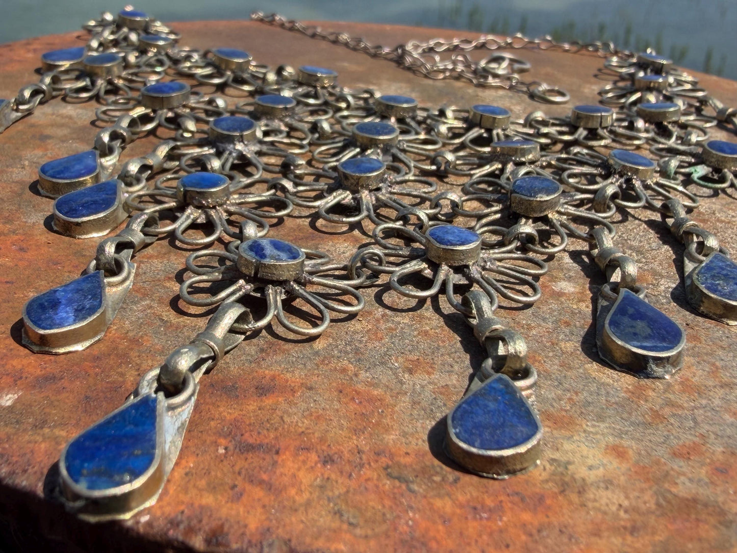 Absolutely stunning vintage waterfall necklace made with Lapis and alpaca silver. Unusual lapis necklace.