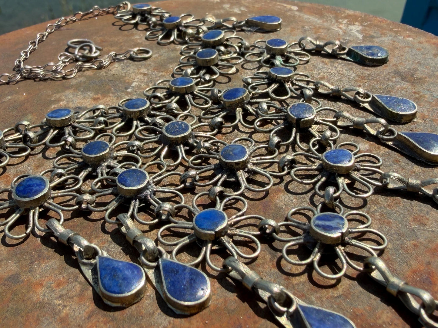 Absolutely stunning vintage waterfall necklace made with Lapis and alpaca silver. Unusual lapis necklace.