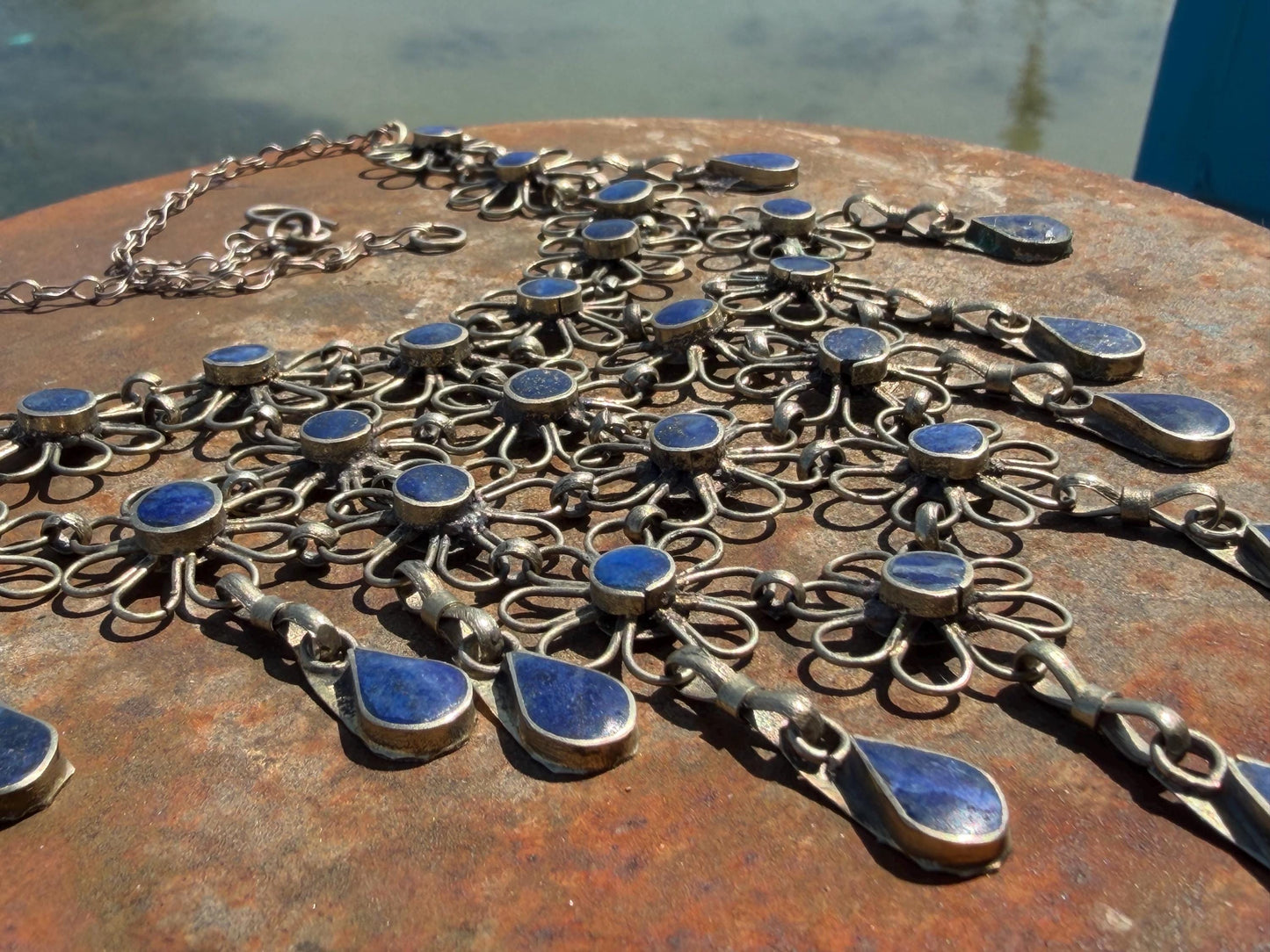 Absolutely stunning vintage waterfall necklace made with Lapis and alpaca silver. Unusual lapis necklace.