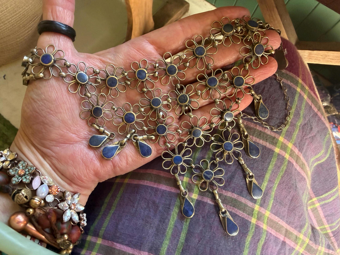 Absolutely stunning vintage waterfall necklace made with Lapis and alpaca silver. Unusual lapis necklace.
