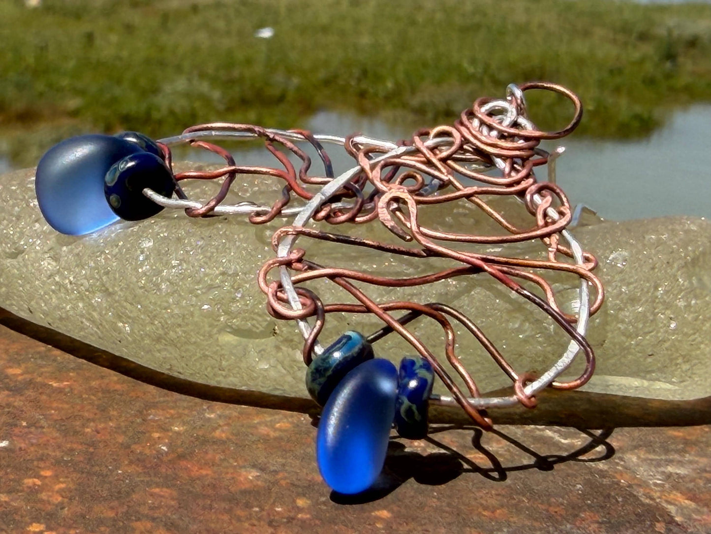 Handmade earrings. Sustainable jewellery, blue sea glass earrings. Handmade earrings, gift for her, eco friendly jewellery, ethical gifts