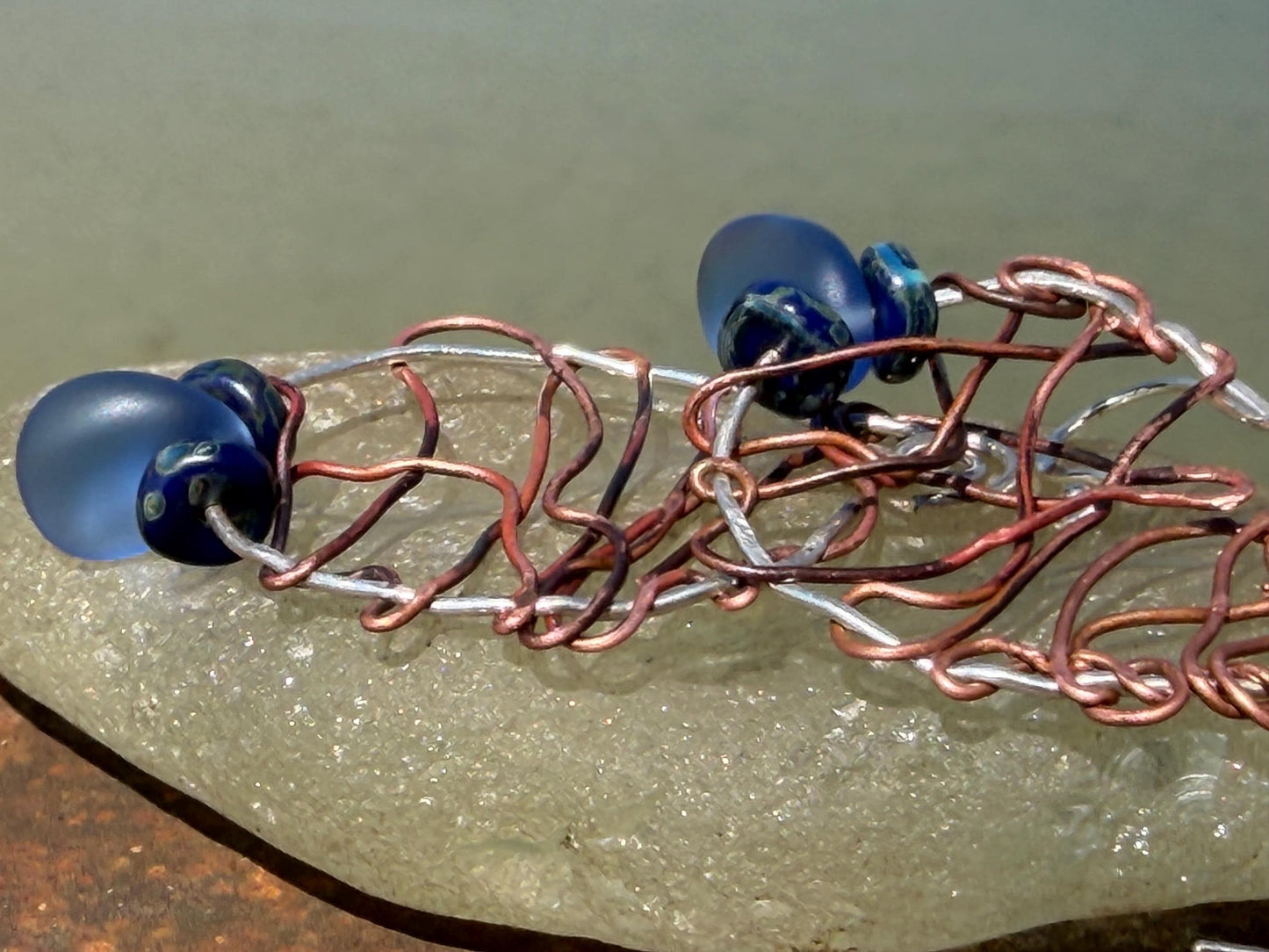 Handmade earrings. Sustainable jewellery, blue sea glass earrings. Handmade earrings, gift for her, eco friendly jewellery, ethical gifts