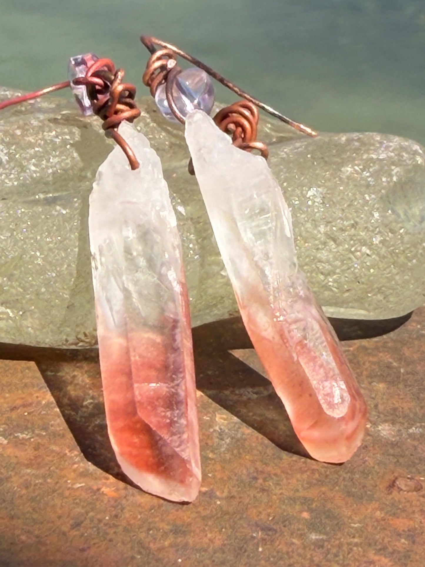 Ethically sourced agate gemstone earrings on recycled copper. Handmade pink earrings. Ethical jewellery, boho jewellery. Unique earrings.