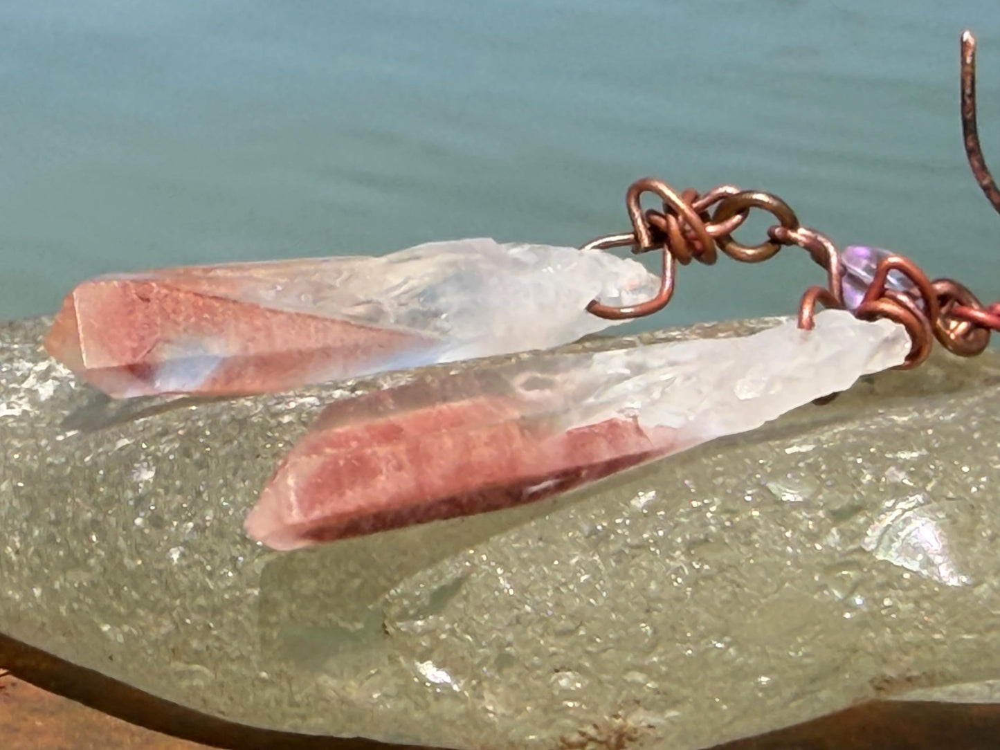 Ethically sourced agate gemstone earrings on recycled copper. Handmade pink earrings. Ethical jewellery, boho jewellery. Unique earrings.