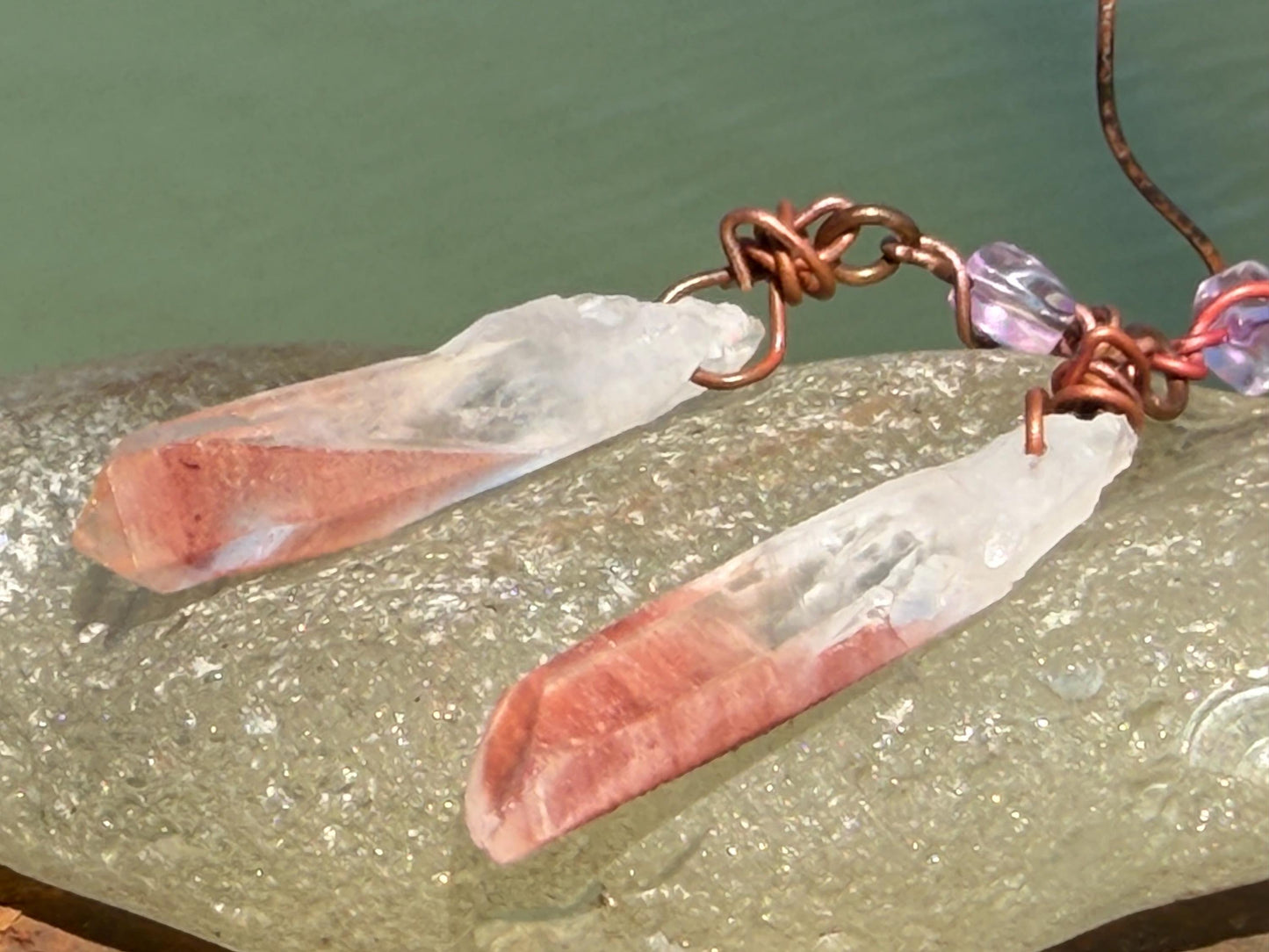 Ethically sourced agate gemstone earrings on recycled copper. Handmade pink earrings. Ethical jewellery, boho jewellery. Unique earrings.