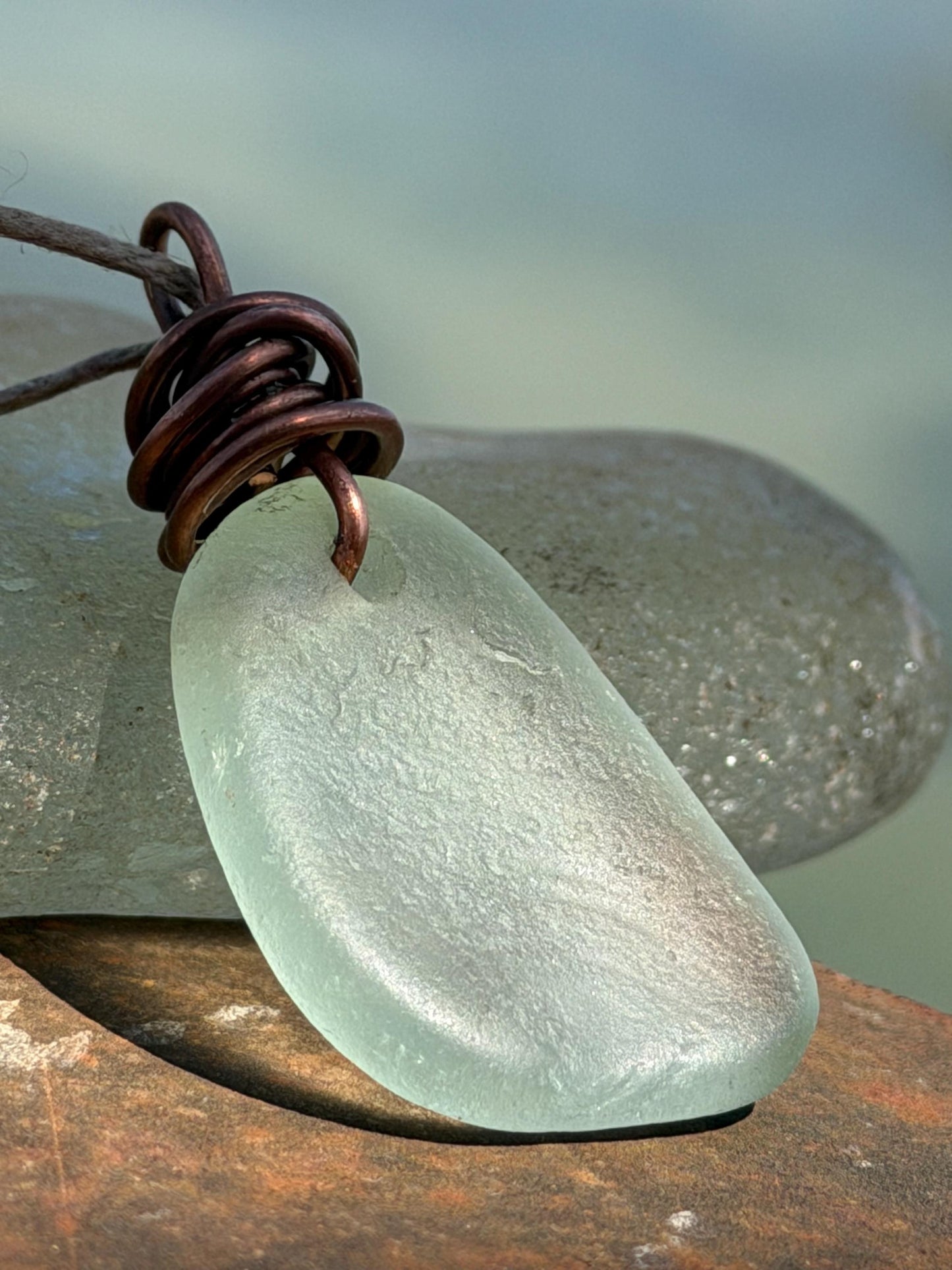 Aqua sea glass necklace wrapped in recycled copper. Recycled necklace. Ethical jewellery. Sea glass pendant. Eco friendly necklace. Boho