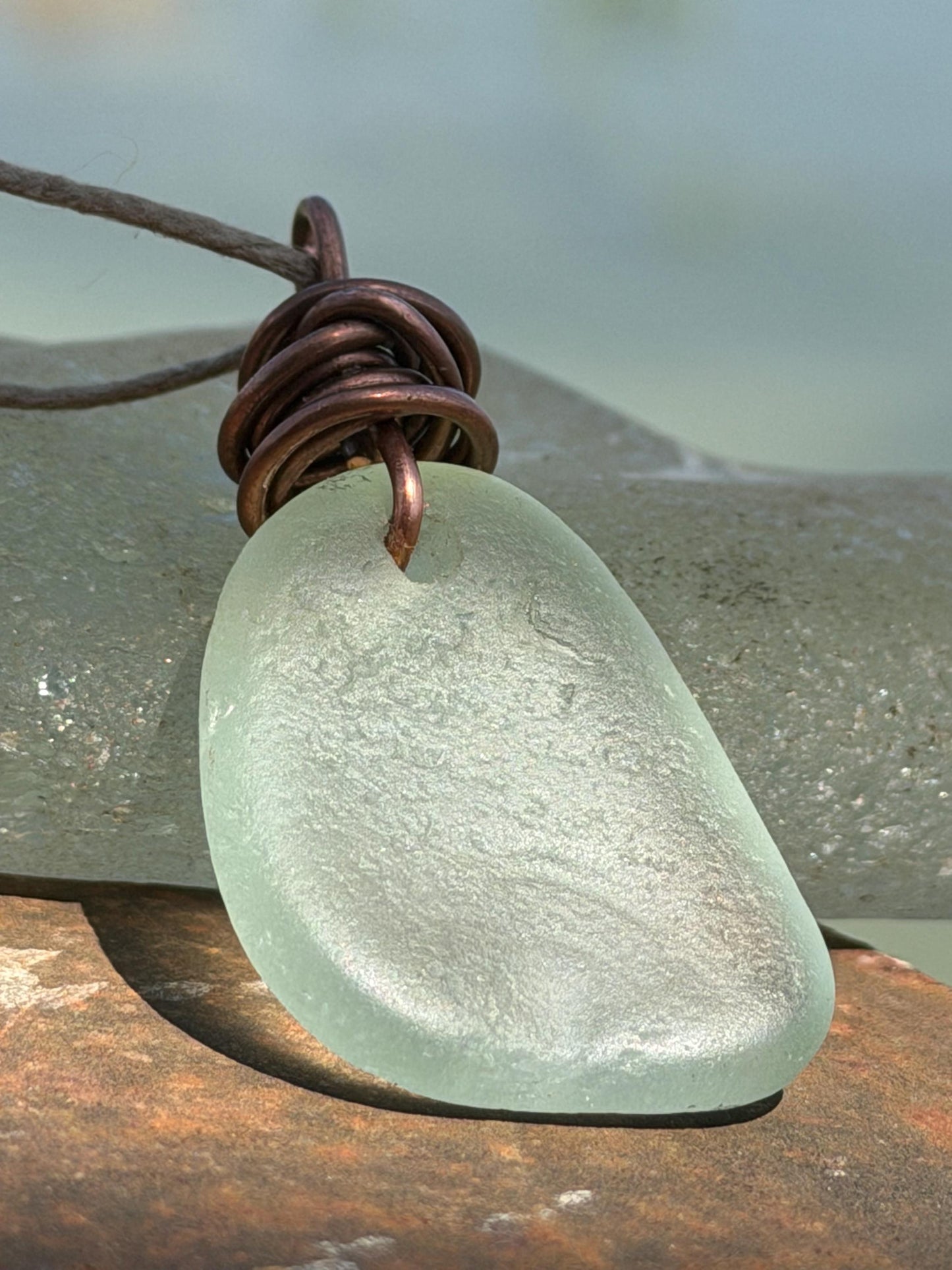 Aqua sea glass necklace wrapped in recycled copper. Recycled necklace. Ethical jewellery. Sea glass pendant. Eco friendly necklace. Boho