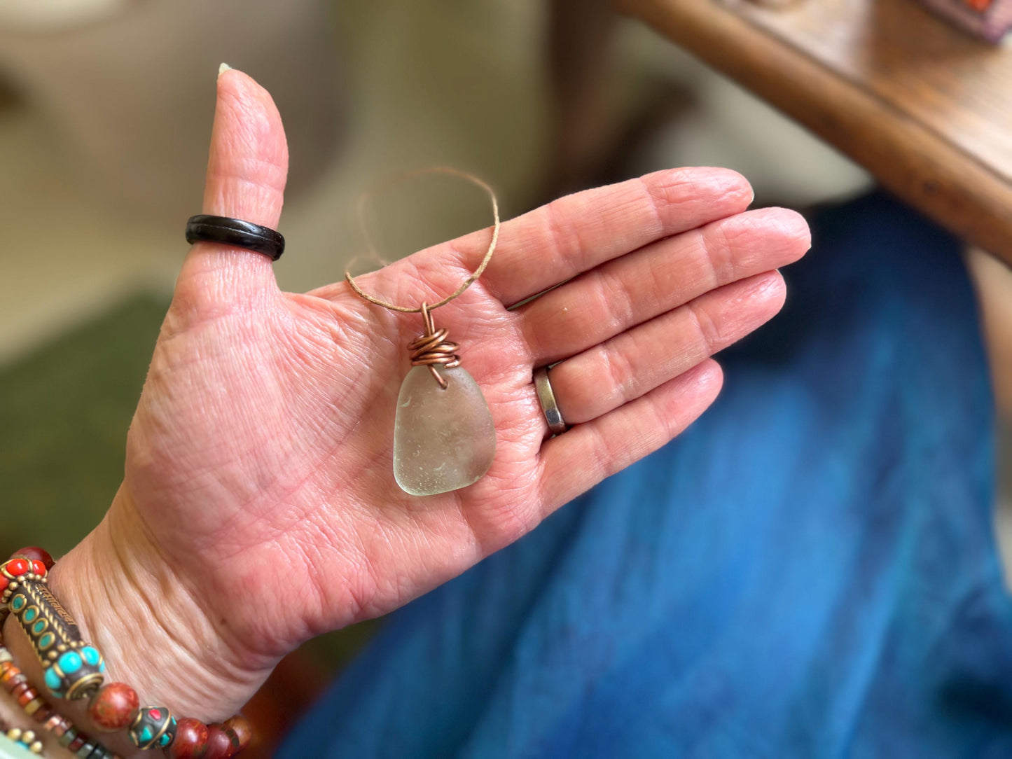 Aqua sea glass necklace wrapped in recycled copper. Recycled necklace. Ethical jewellery. Sea glass pendant. Eco friendly necklace. Boho