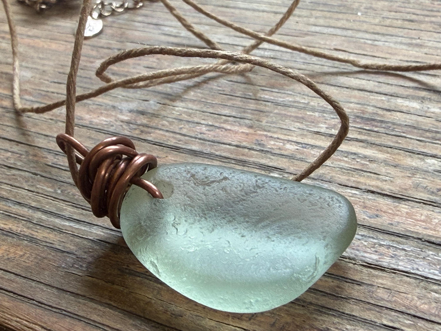 Aqua sea glass necklace wrapped in recycled copper. Recycled necklace. Ethical jewellery. Sea glass pendant. Eco friendly necklace. Boho