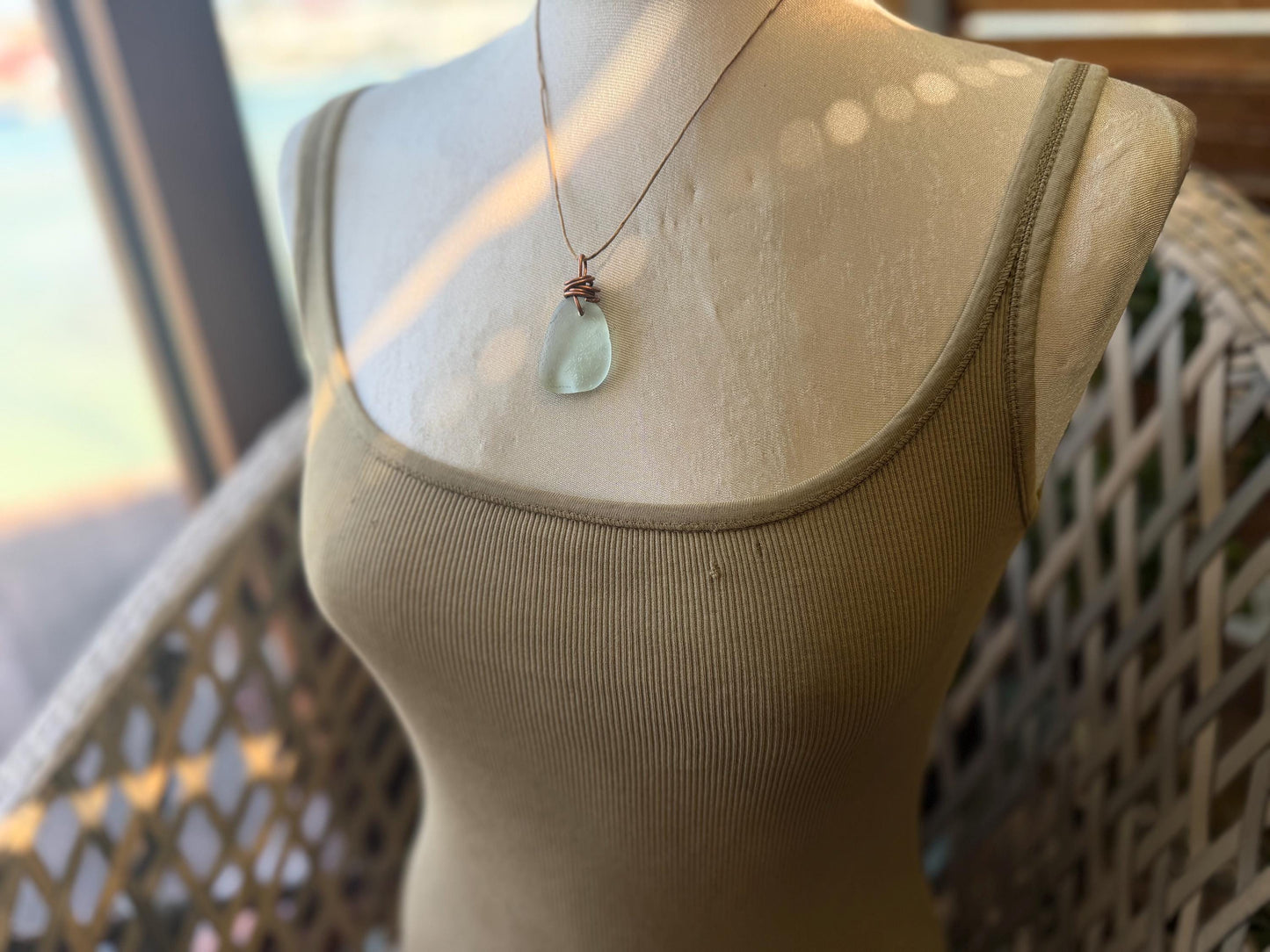Aqua sea glass necklace wrapped in recycled copper. Recycled necklace. Ethical jewellery. Sea glass pendant. Eco friendly necklace. Boho
