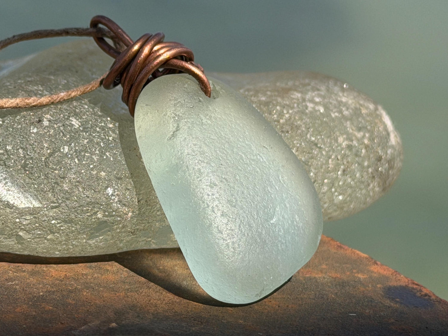 Aqua sea glass necklace wrapped in recycled copper. Recycled necklace. Ethical jewellery. Sea glass pendant. Eco friendly necklace. Boho