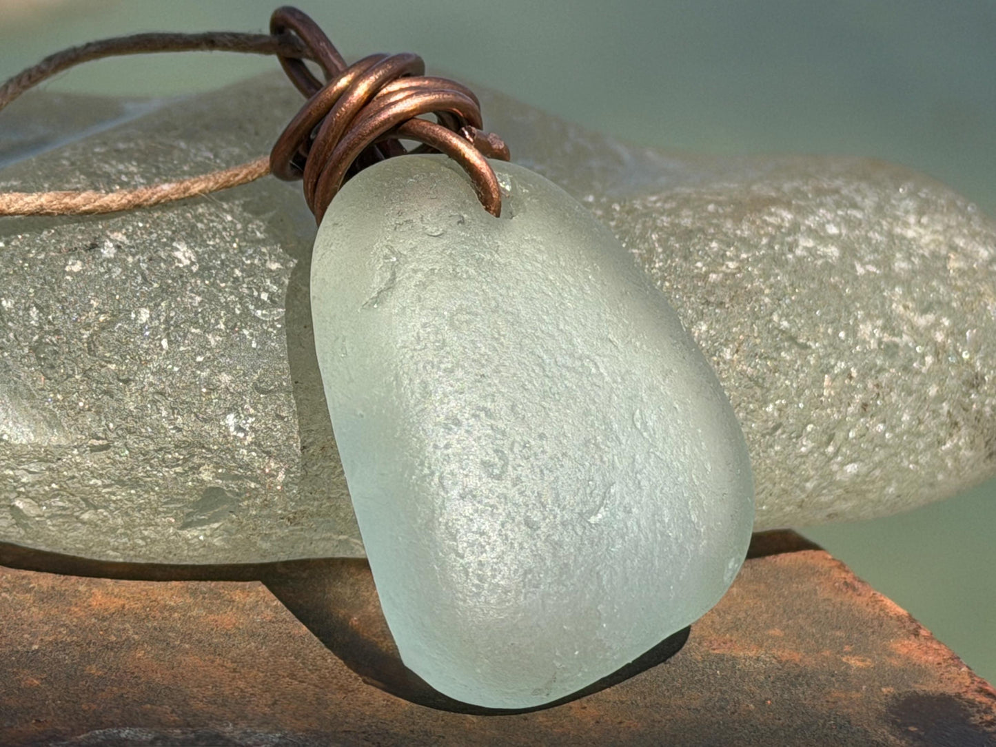 Aqua sea glass necklace wrapped in recycled copper. Recycled necklace. Ethical jewellery. Sea glass pendant. Eco friendly necklace. Boho