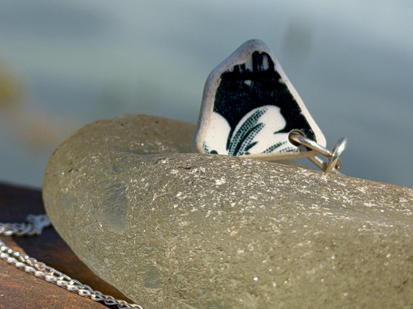 Eco friendly sea ceramic necklace on a sterling silver chain. Eco friendly jewellery, ethical jewellery. Eco friendly necklace.