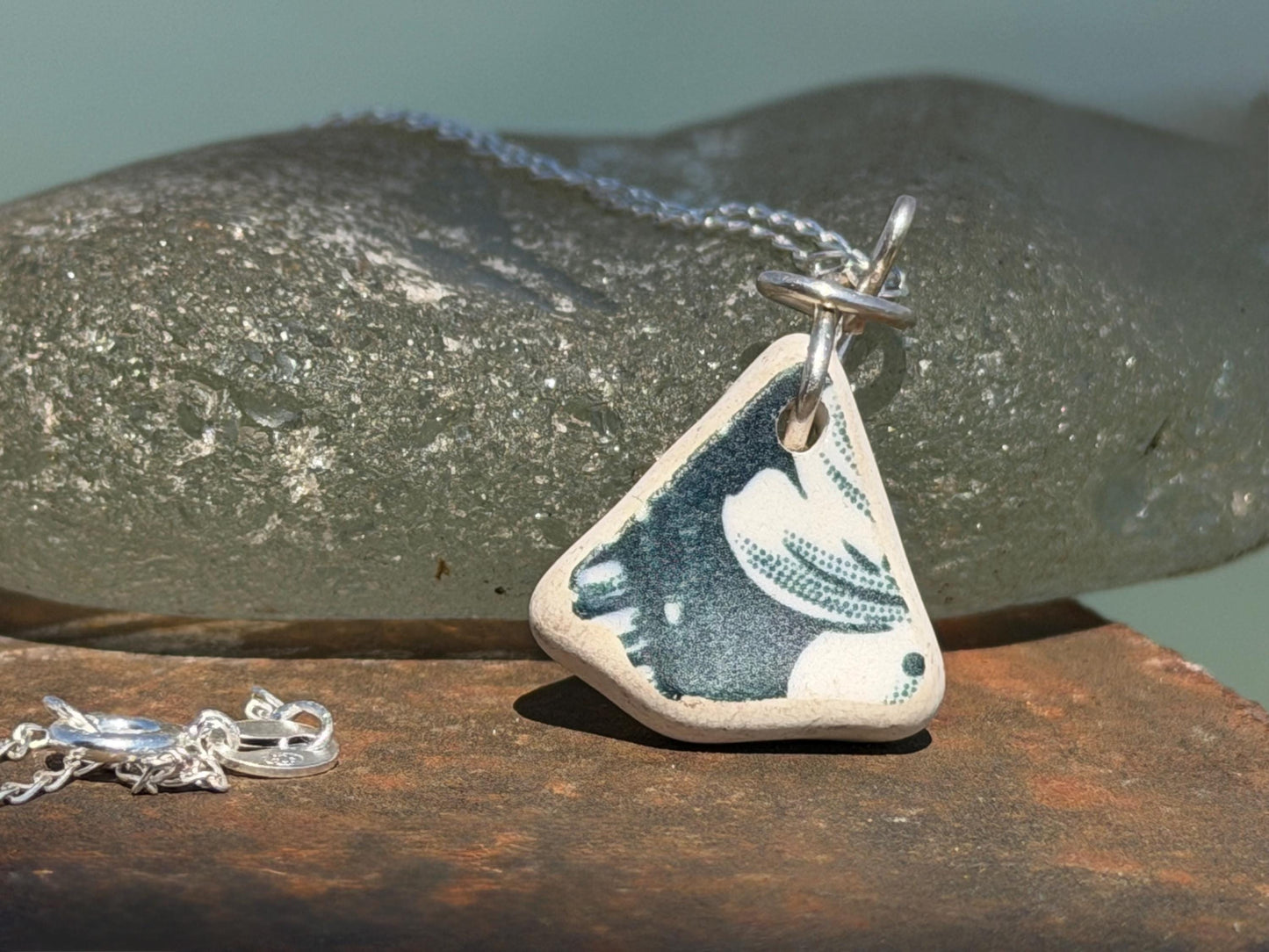 Eco friendly sea ceramic necklace on a sterling silver chain. Eco friendly jewellery, ethical jewellery. Eco friendly necklace.