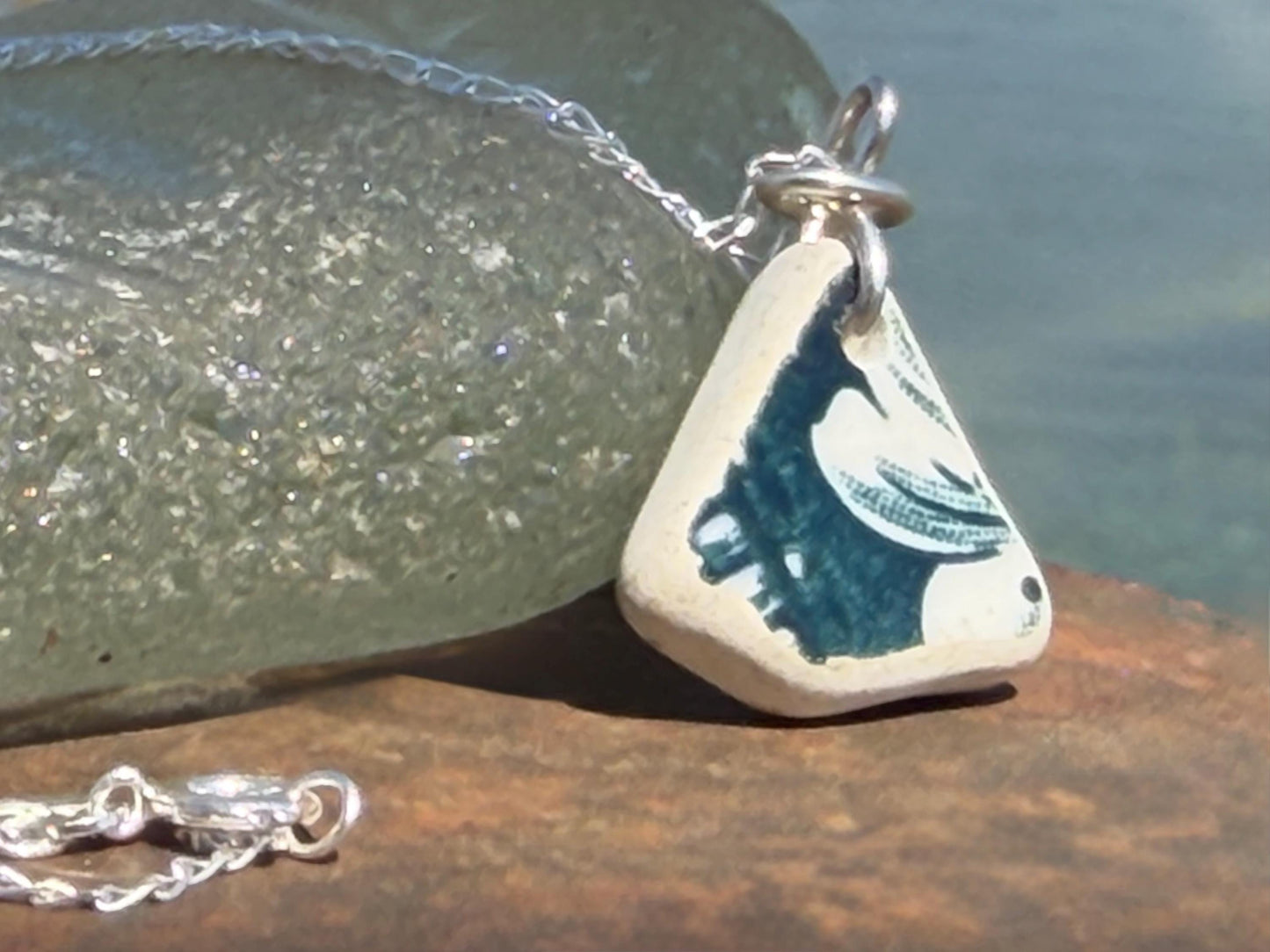 Eco friendly sea ceramic necklace on a sterling silver chain. Eco friendly jewellery, ethical jewellery. Eco friendly necklace.