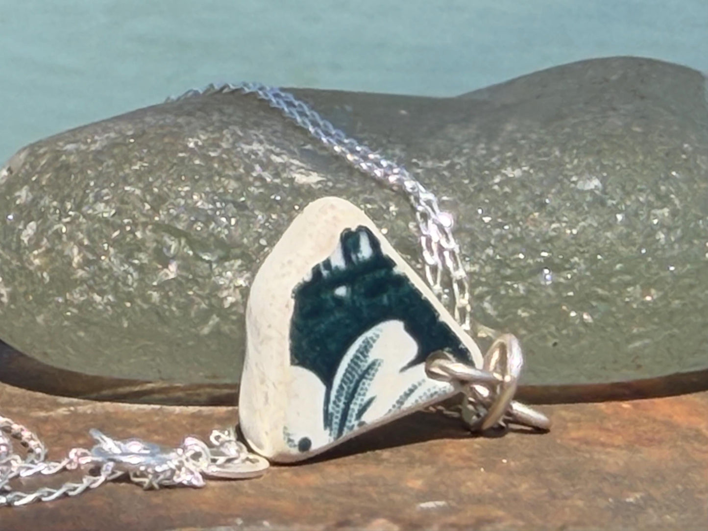 Eco friendly sea ceramic necklace on a sterling silver chain. Eco friendly jewellery, ethical jewellery. Eco friendly necklace.