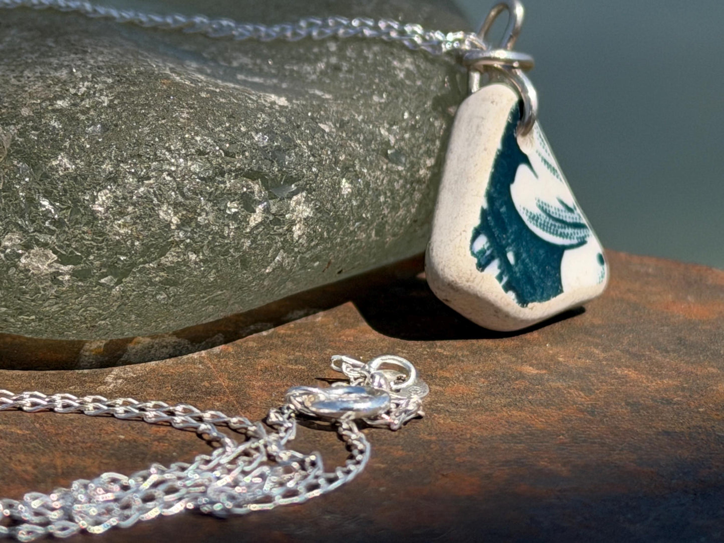 Eco friendly sea ceramic necklace on a sterling silver chain. Eco friendly jewellery, ethical jewellery. Eco friendly necklace.