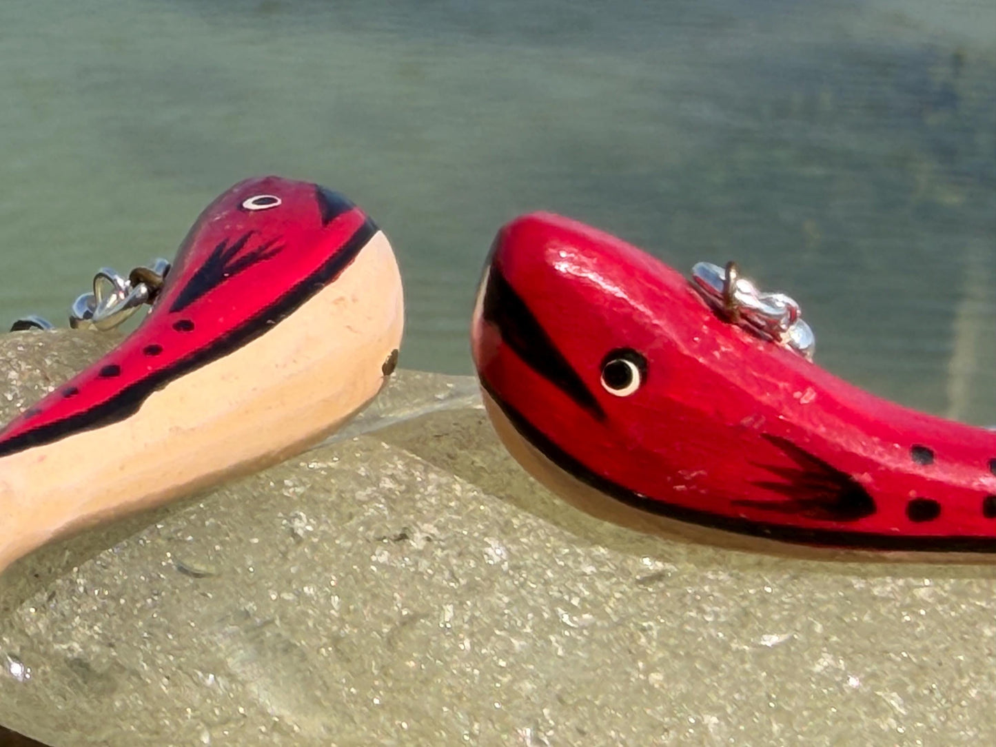 Red wooden whale earrings on sterling silver. Fun red earrings. Fish earrings. Eco friendly jewellery. Ethical jewellery. Whale gifts