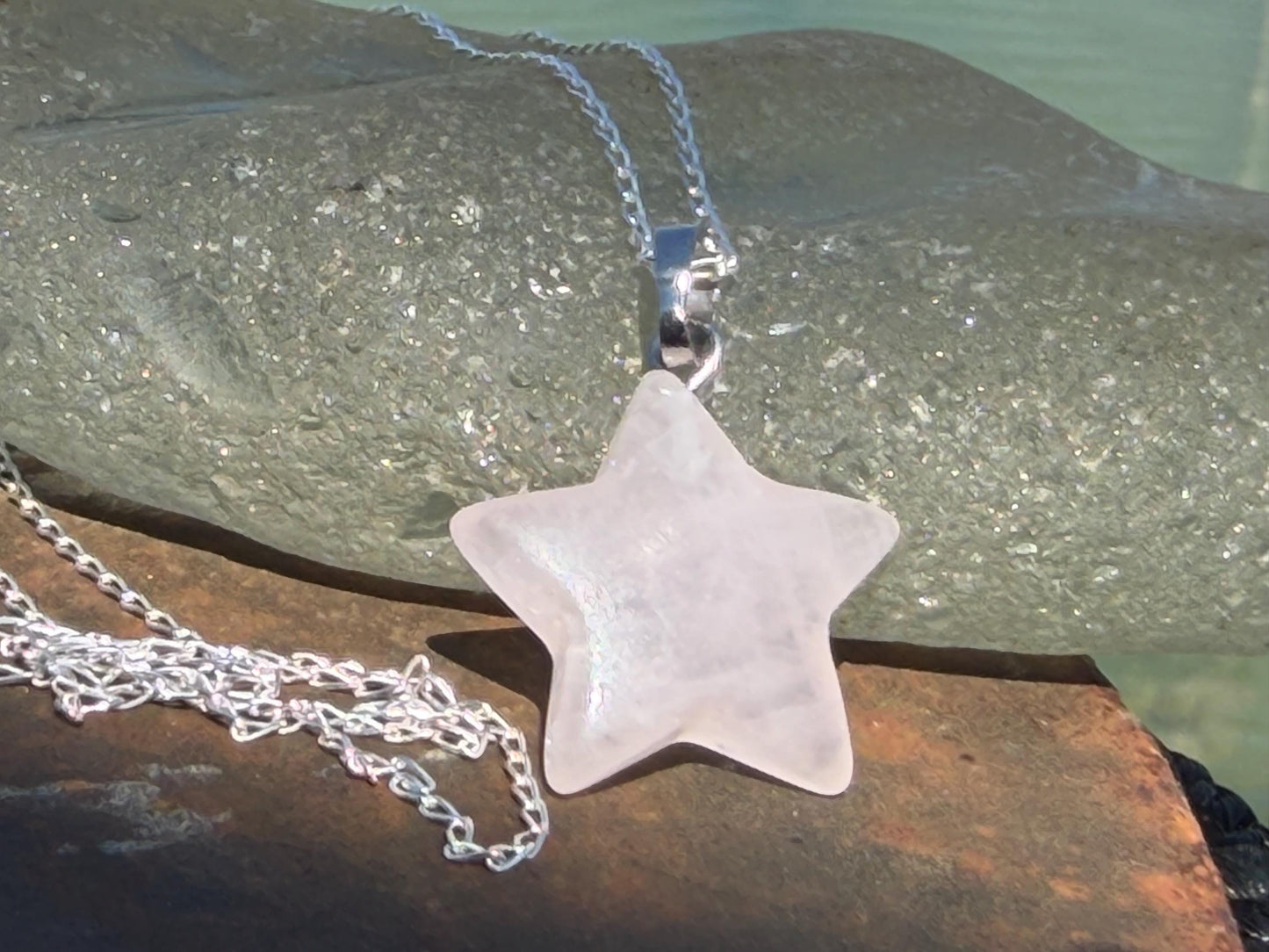 Rose quartz star necklace, rose quartz pendant, boho pendant, handmade necklace, rose quartz jewellery, ethical jewellery. Graduation gift