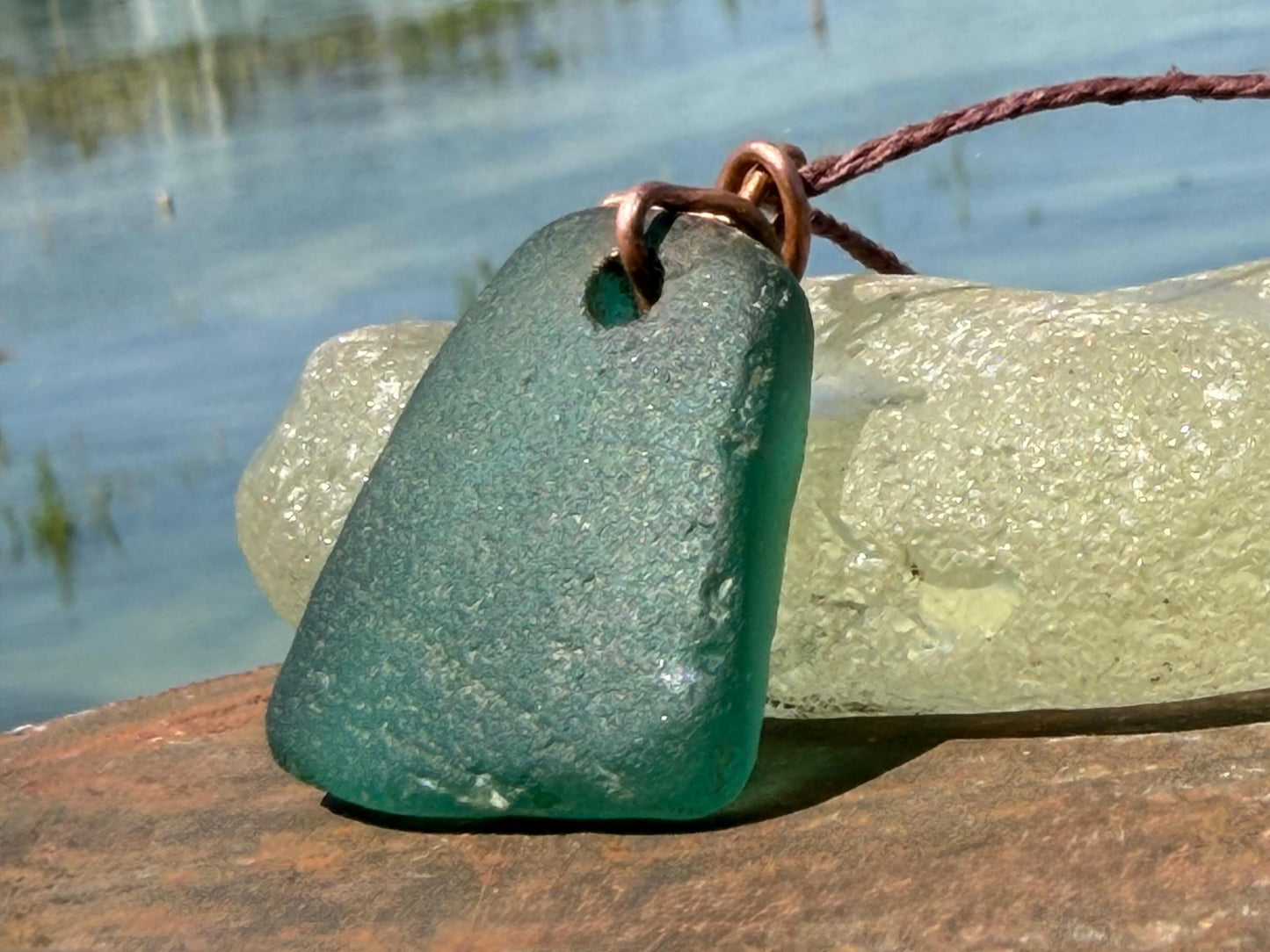 Large green sea glass necklace. Recycled necklace, gift for him. Ethical jewellery. Thick sea glass pendant. Eco friendly necklace.