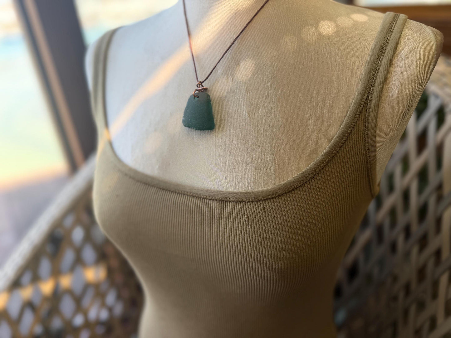 Large green sea glass necklace. Recycled necklace, gift for him. Ethical jewellery. Thick sea glass pendant. Eco friendly necklace.