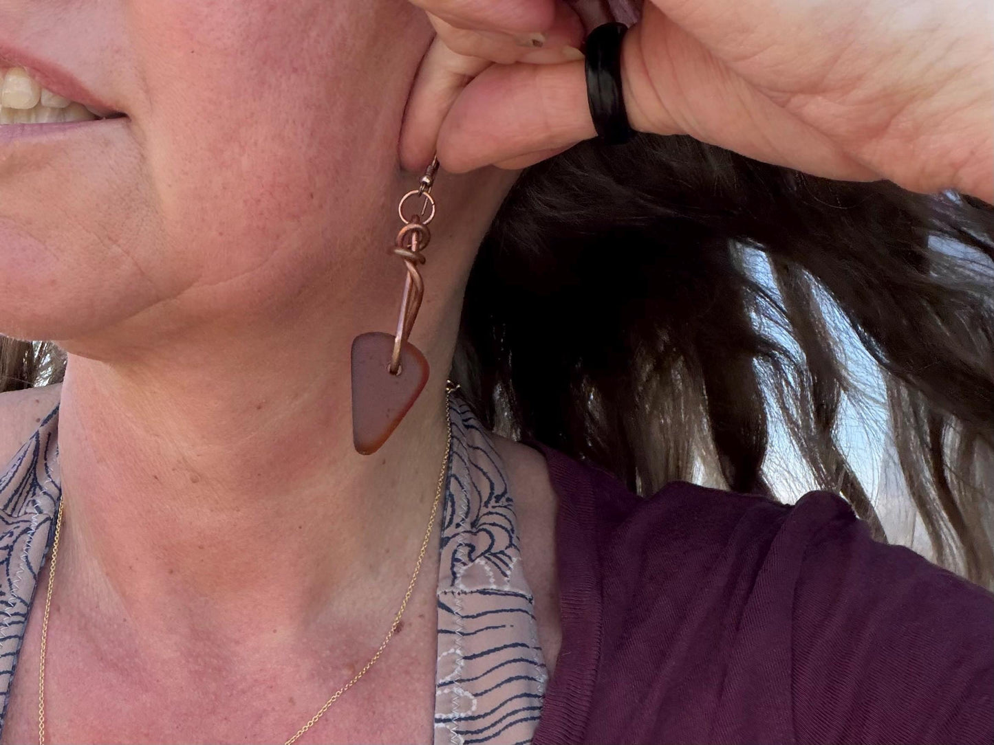 Sea glass and recycled copper earrings, unique earrings, ethical jewellery, unusual boho jewellery, sea glass jewellery, orange sea glass