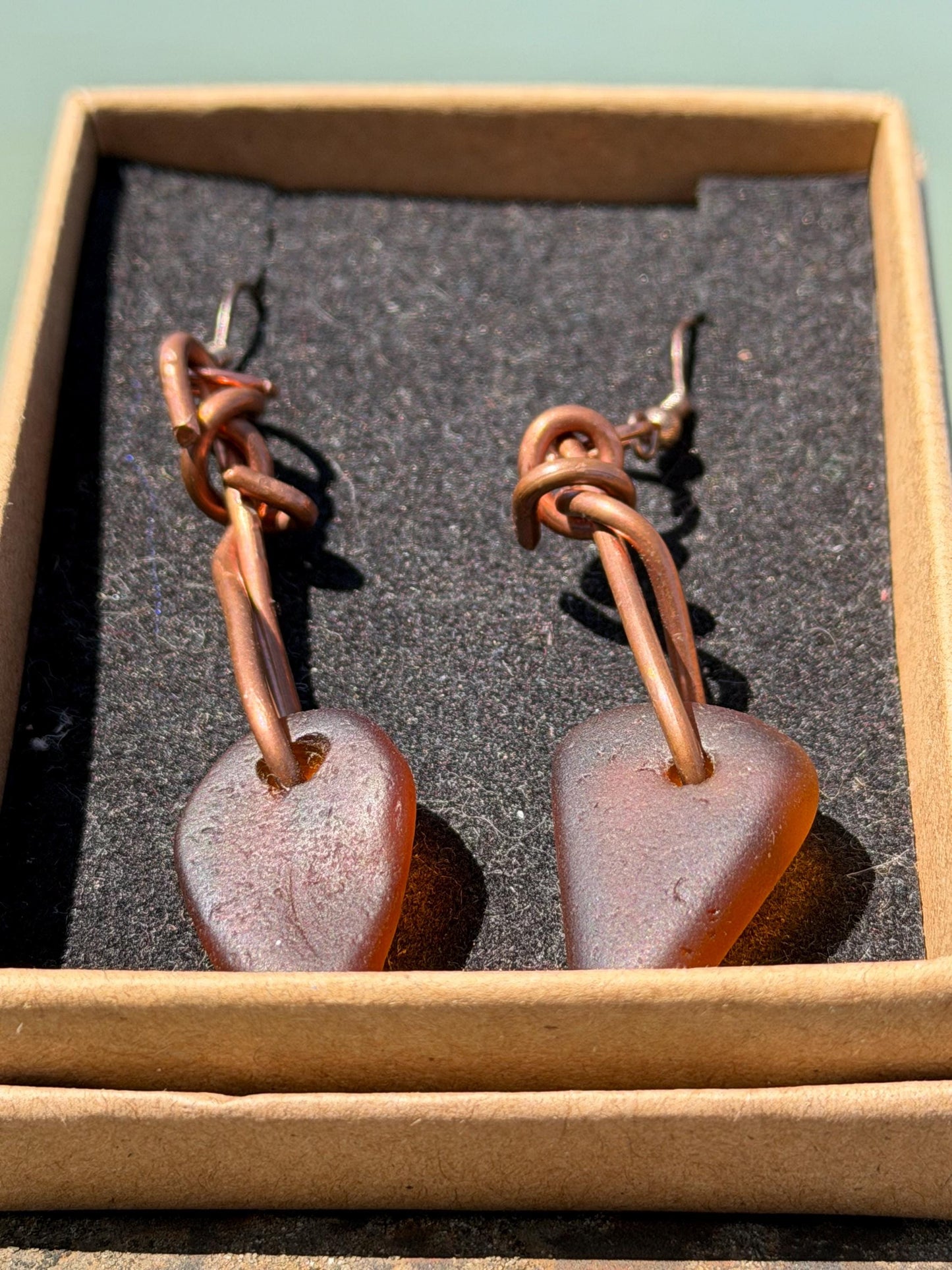 Sea glass and recycled copper earrings, unique earrings, ethical jewellery, unusual boho jewellery, sea glass jewellery, orange sea glass