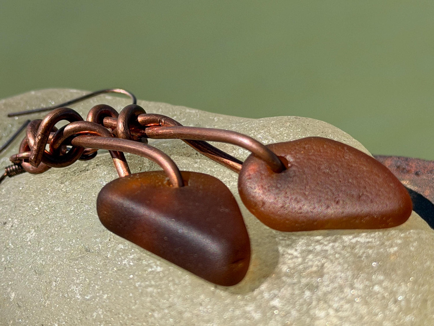 Sea glass and recycled copper earrings, unique earrings, ethical jewellery, unusual boho jewellery, sea glass jewellery, orange sea glass