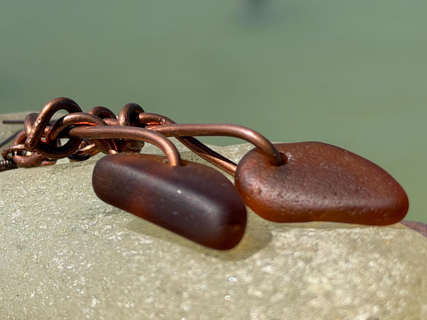 Sea glass and recycled copper earrings, unique earrings, ethical jewellery, unusual boho jewellery, sea glass jewellery, orange sea glass