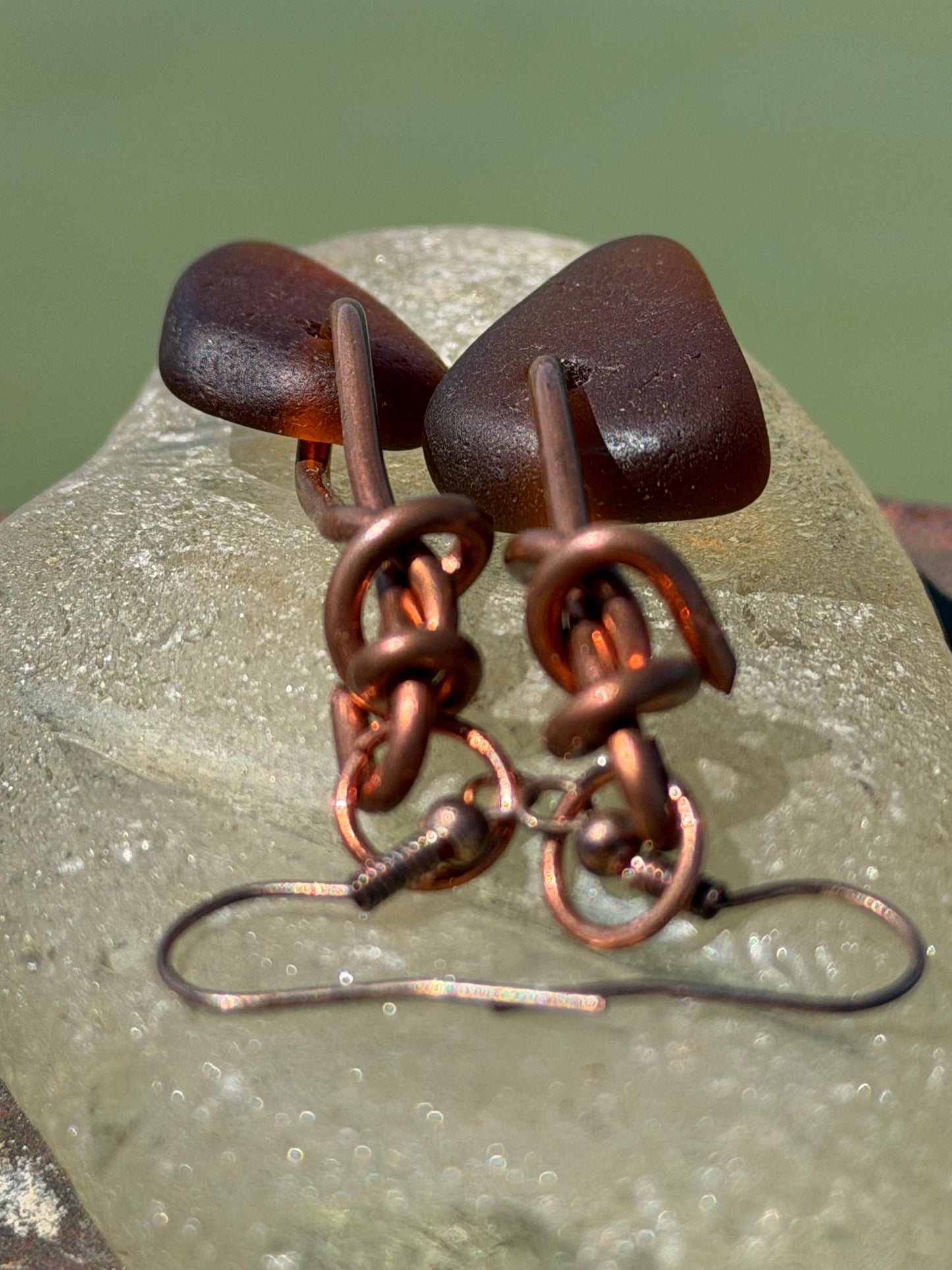 Sea glass and recycled copper earrings, unique earrings, ethical jewellery, unusual boho jewellery, sea glass jewellery, orange sea glass