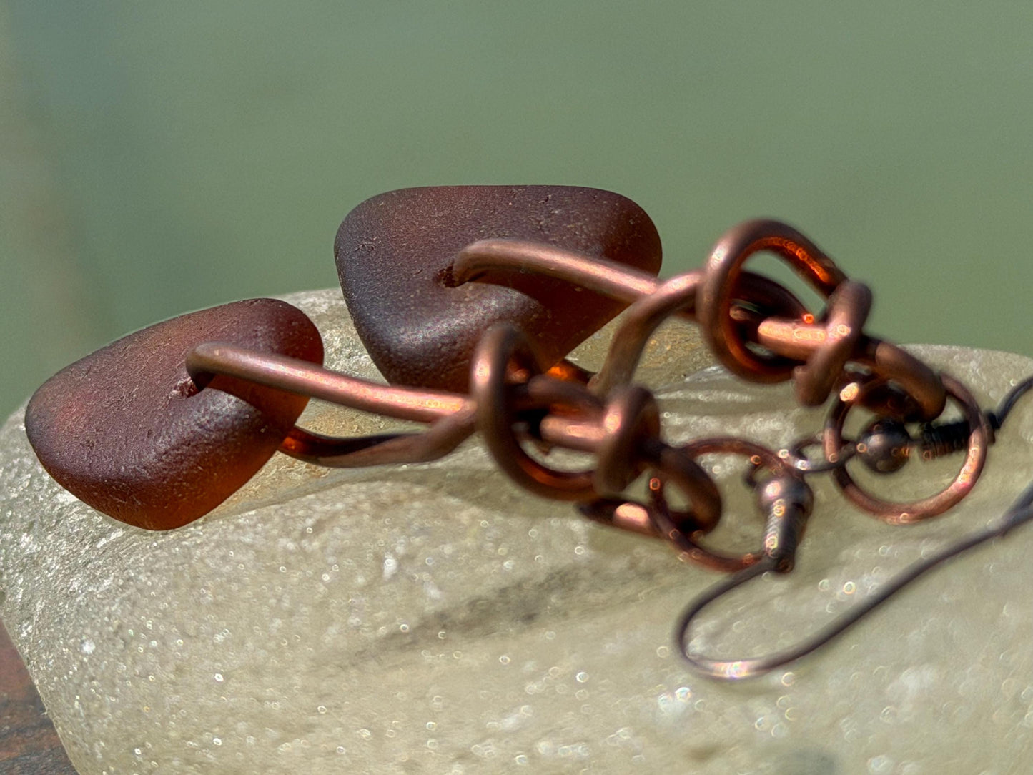 Sea glass and recycled copper earrings, unique earrings, ethical jewellery, unusual boho jewellery, sea glass jewellery, orange sea glass