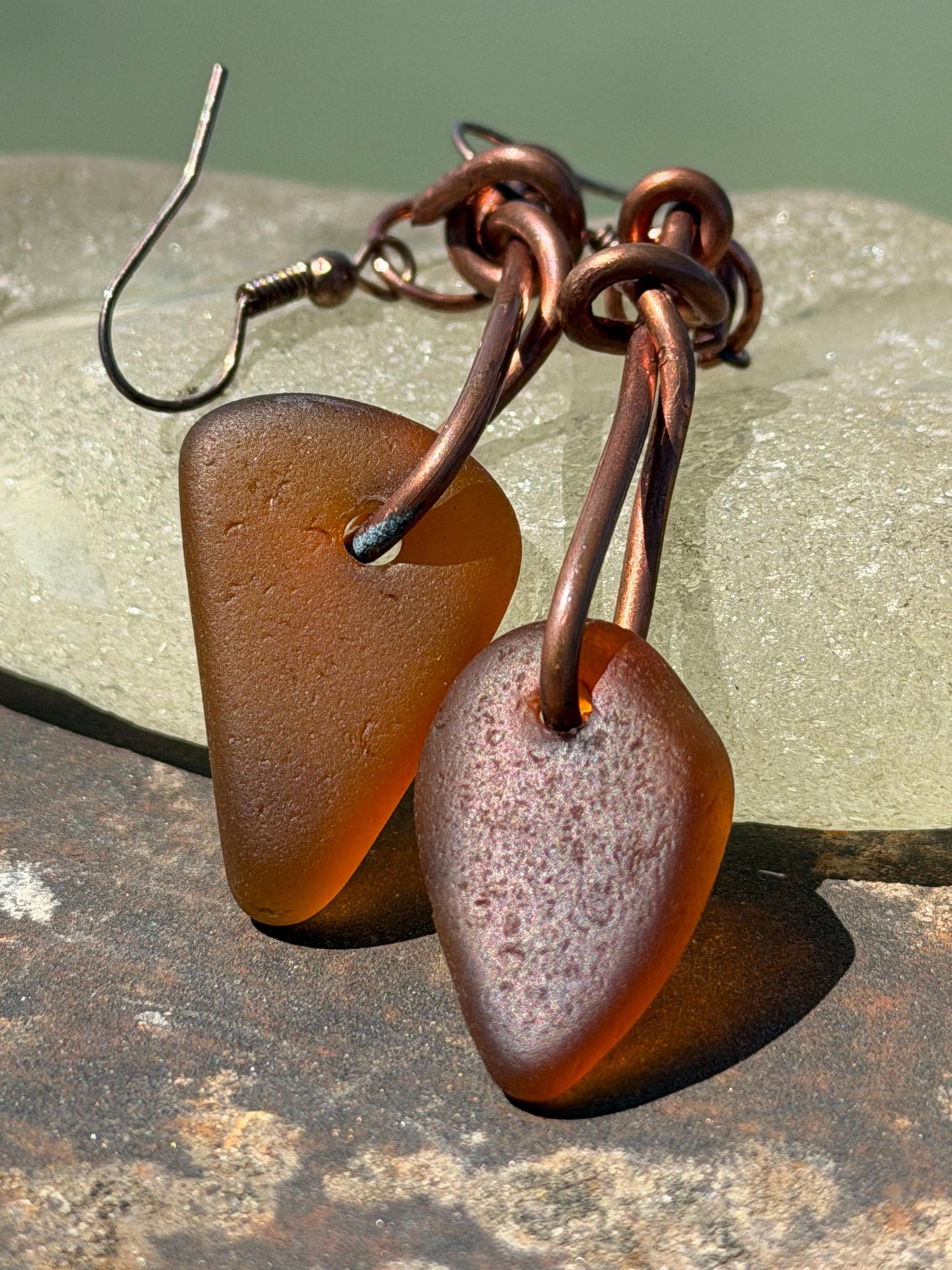 Sea glass and recycled copper earrings, unique earrings, ethical jewellery, unusual boho jewellery, sea glass jewellery, orange sea glass