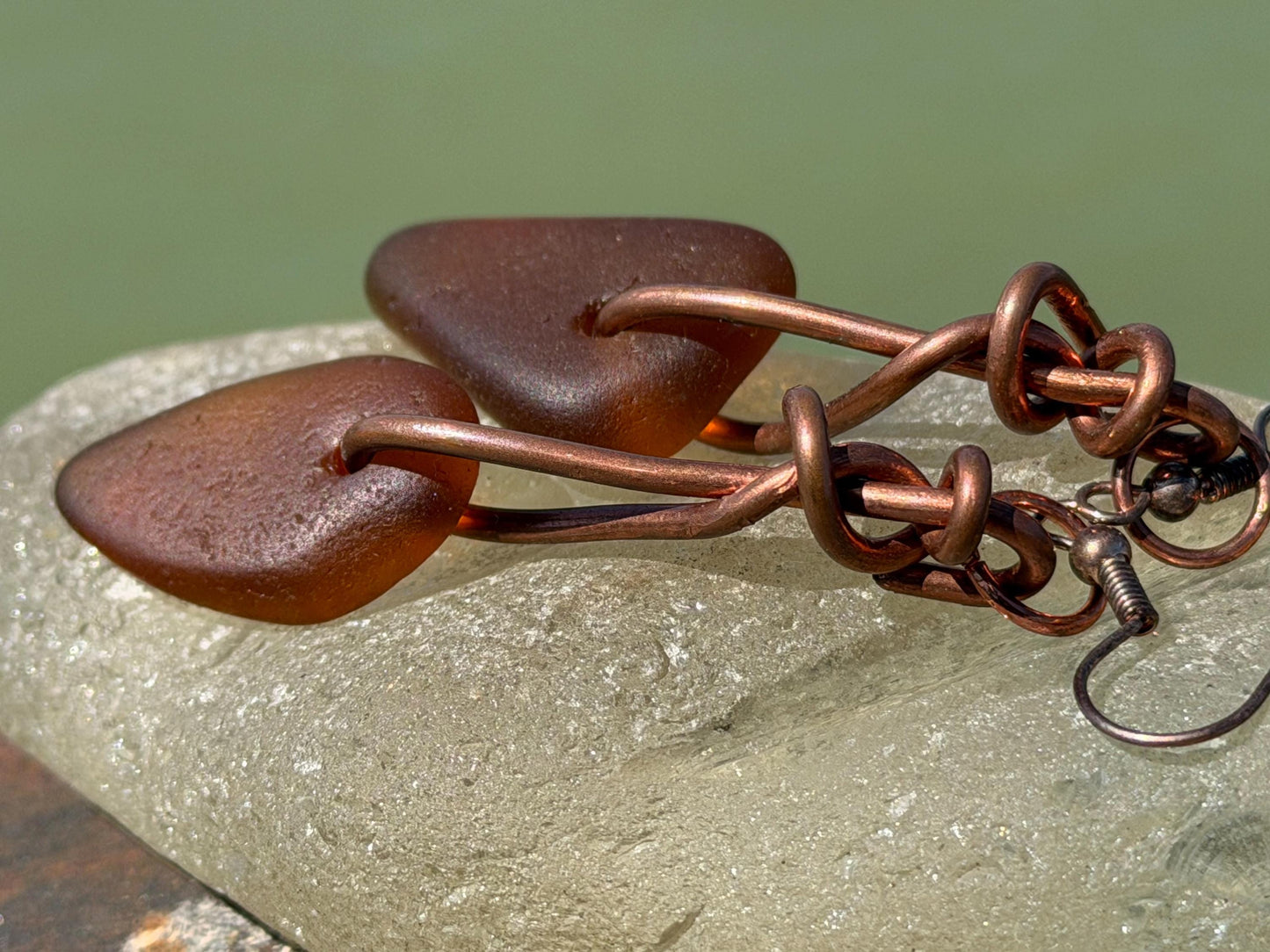 Sea glass and recycled copper earrings, unique earrings, ethical jewellery, unusual boho jewellery, sea glass jewellery, orange sea glass