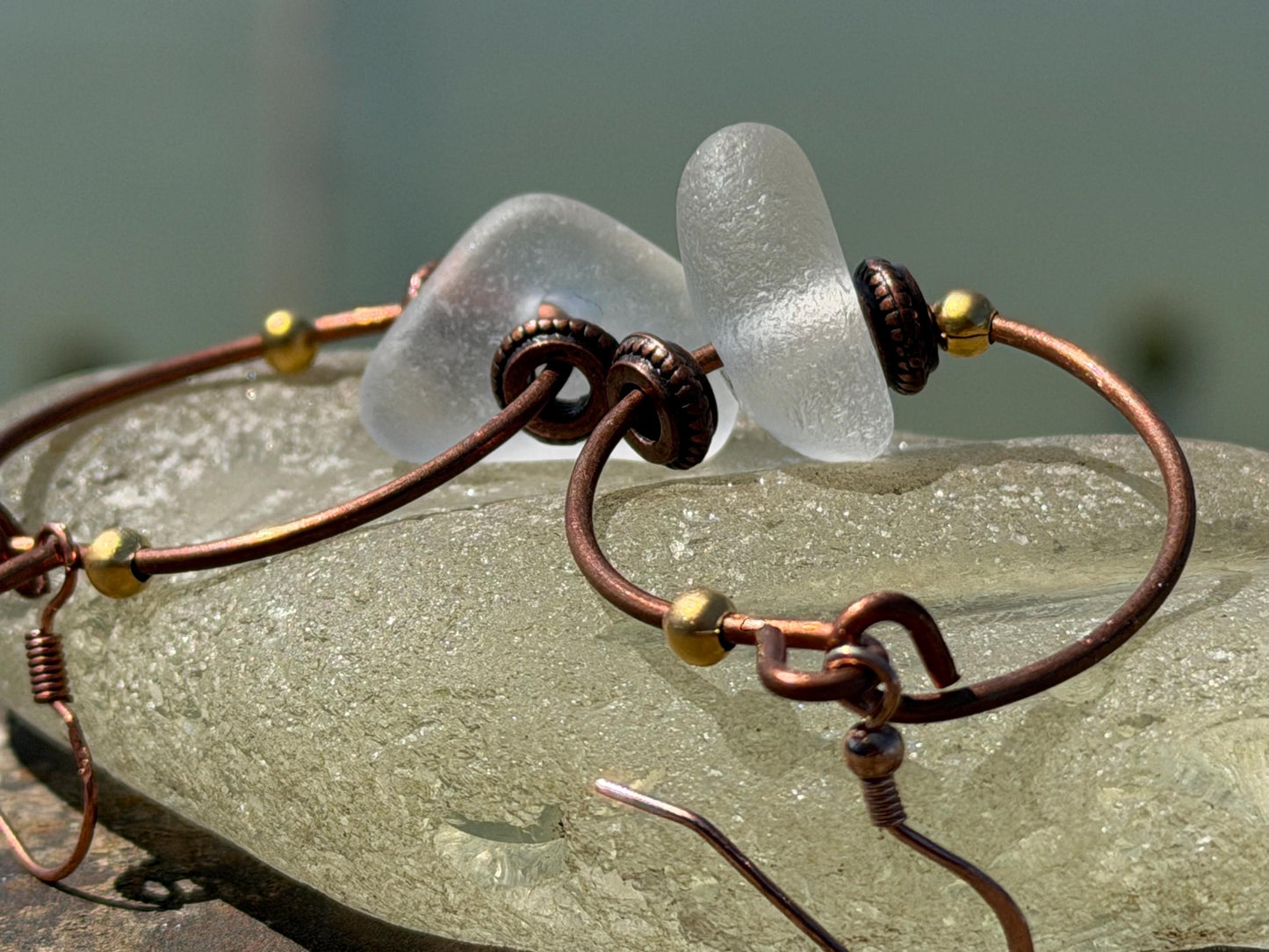 Eco friendly glass hoops on recycled copper.. Unique earrings, ethical jewellery, unusual boho jewellery, eco friendly jewellery. Eco gifts.
