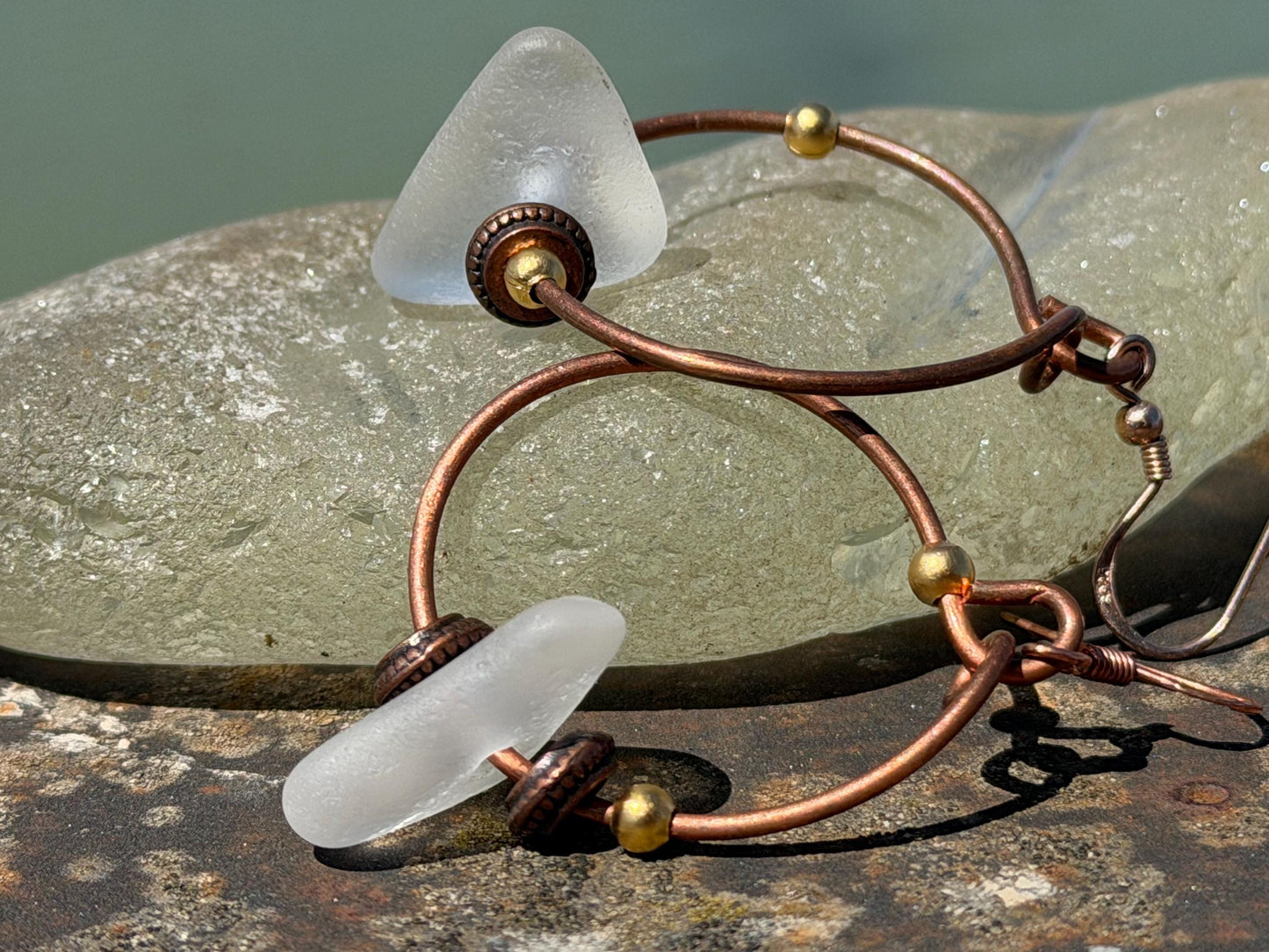 Eco friendly glass hoops on recycled copper.. Unique earrings, ethical jewellery, unusual boho jewellery, eco friendly jewellery. Eco gifts.