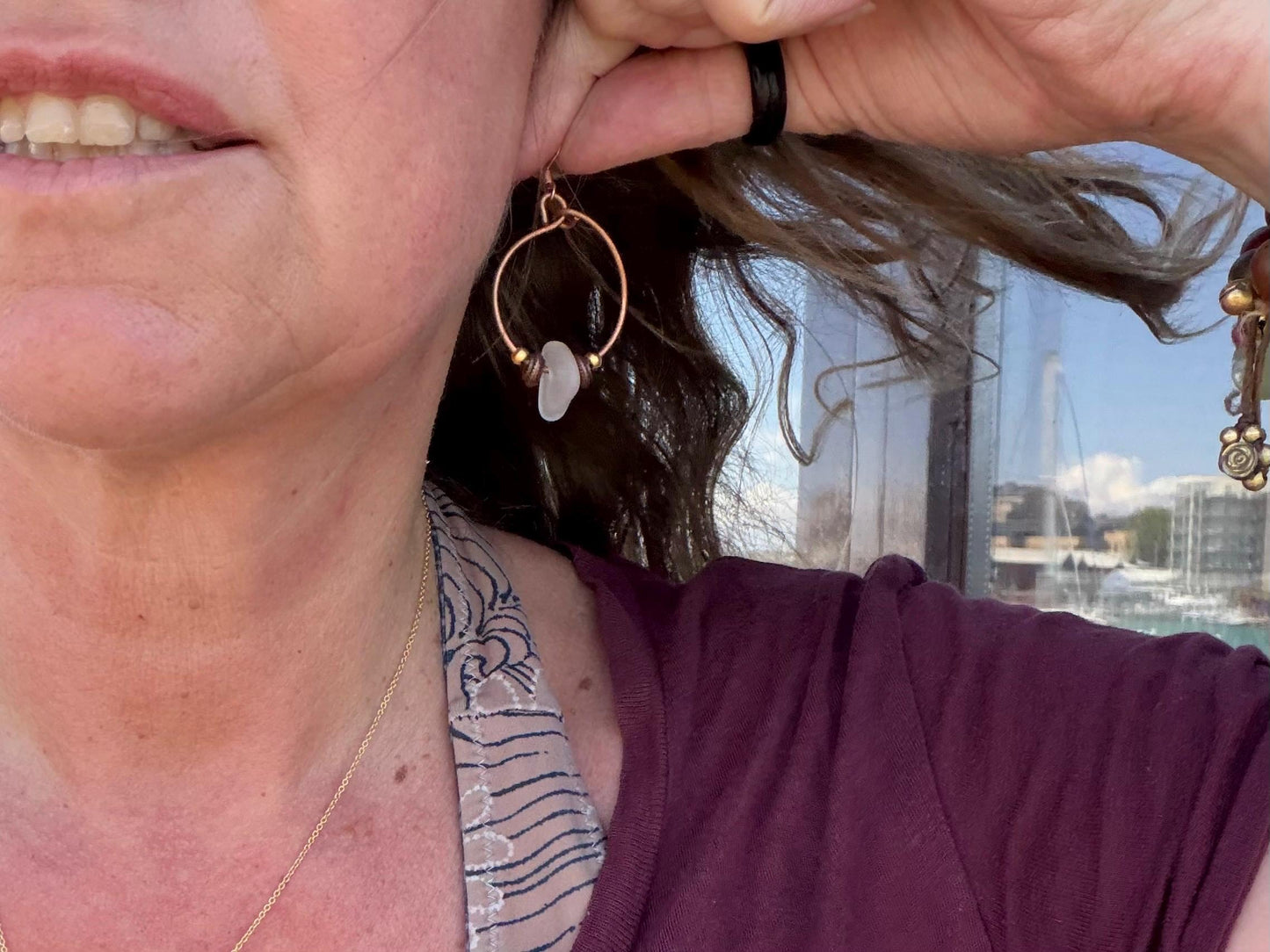 Eco friendly glass hoops on recycled copper.. Unique earrings, ethical jewellery, unusual boho jewellery, eco friendly jewellery. Eco gifts.
