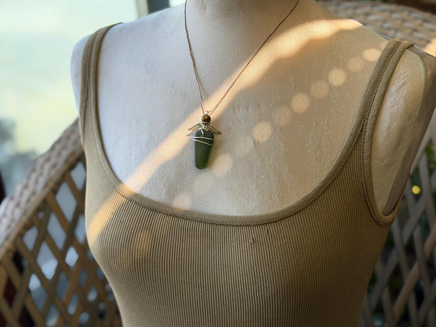 Guardian angel necklace, sea glass necklace, unique necklace, eco friendly gift for her. Ethical  jewellery, boho necklace, angel pendant