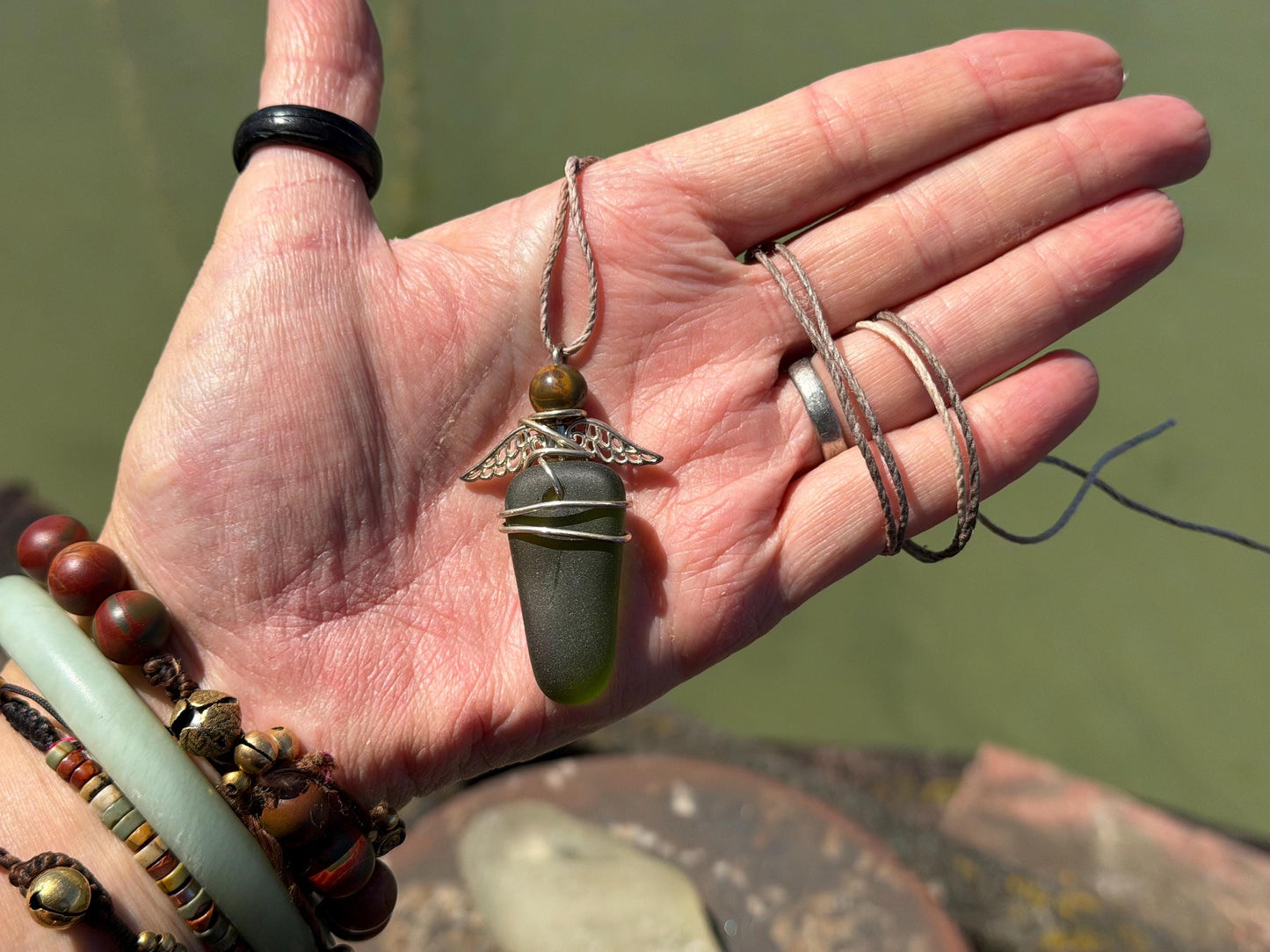 Guardian angel necklace, sea glass necklace, unique necklace, eco friendly gift for her. Ethical  jewellery, boho necklace, angel pendant