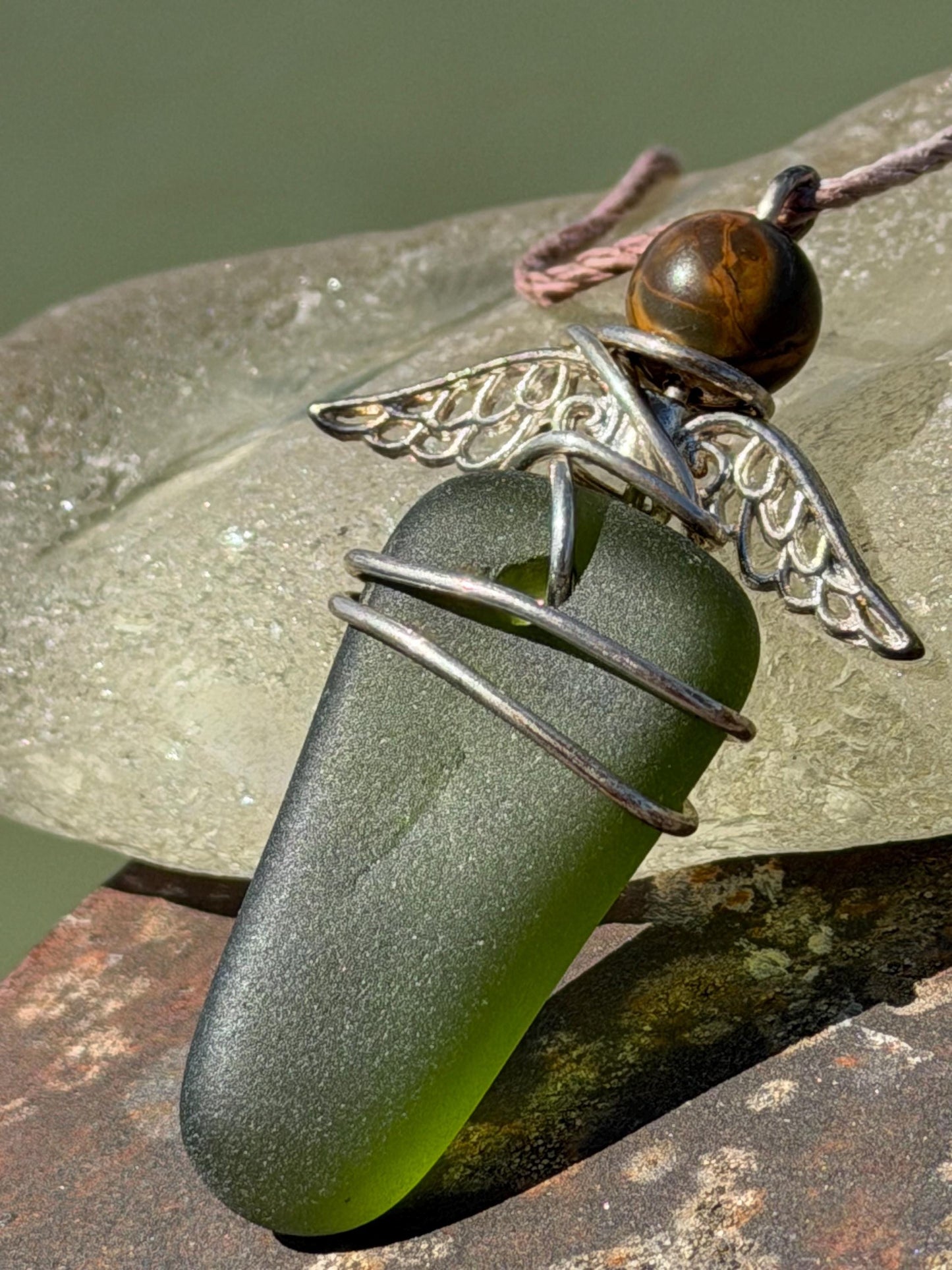 Guardian angel necklace, sea glass necklace, unique necklace, eco friendly gift for her. Ethical  jewellery, boho necklace, angel pendant