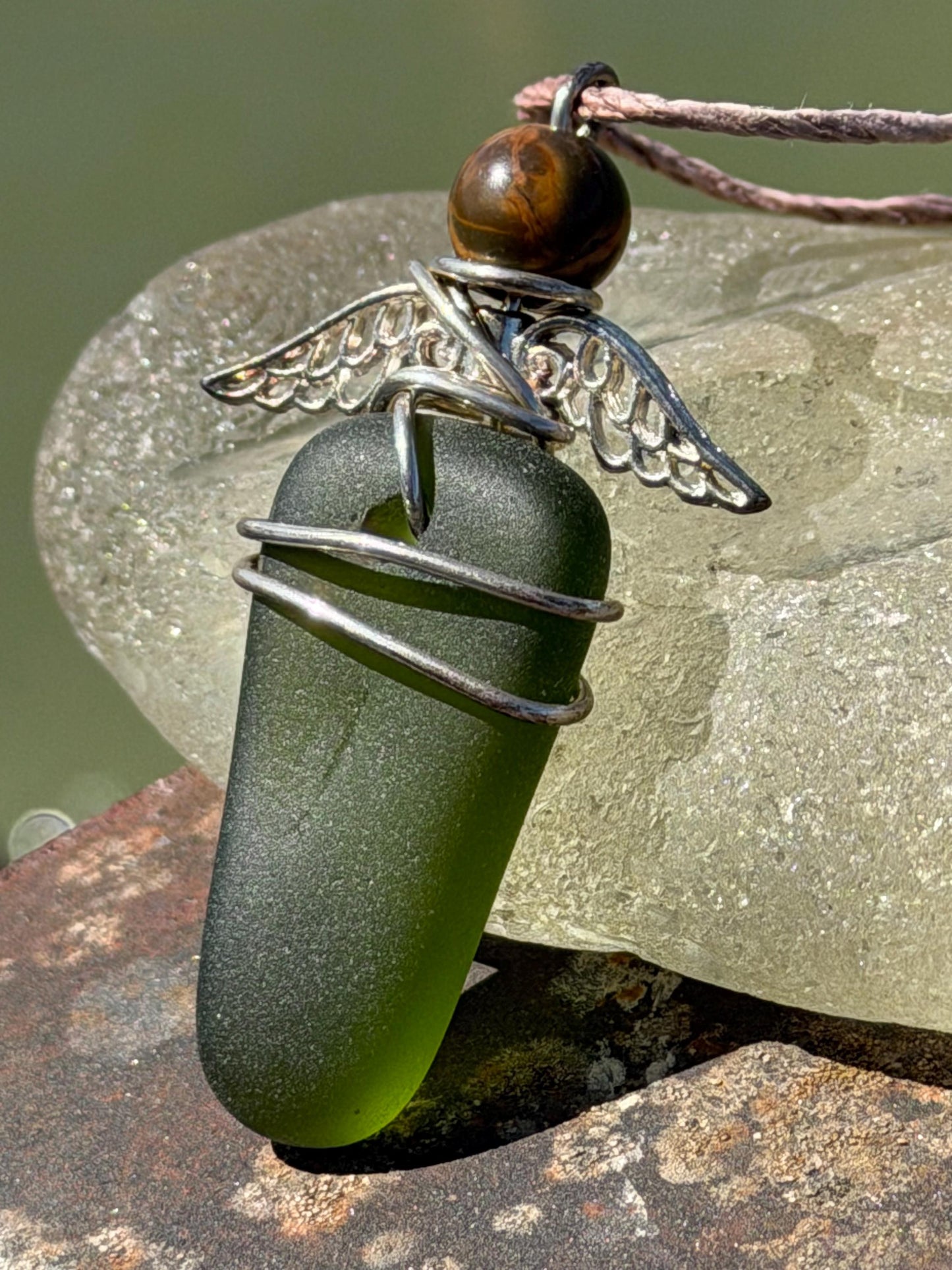 Guardian angel necklace, sea glass necklace, unique necklace, eco friendly gift for her. Ethical  jewellery, boho necklace, angel pendant