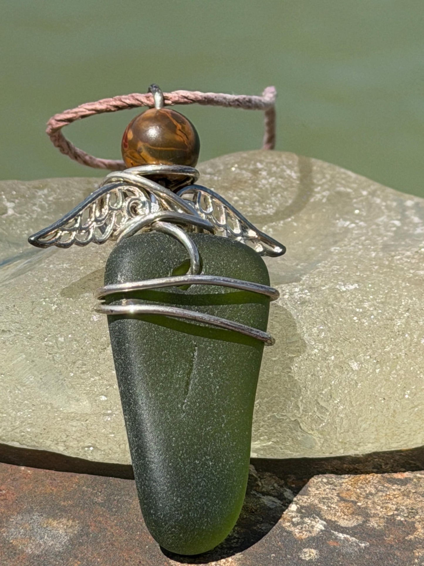 Guardian angel necklace, sea glass necklace, unique necklace, eco friendly gift for her. Ethical  jewellery, boho necklace, angel pendant