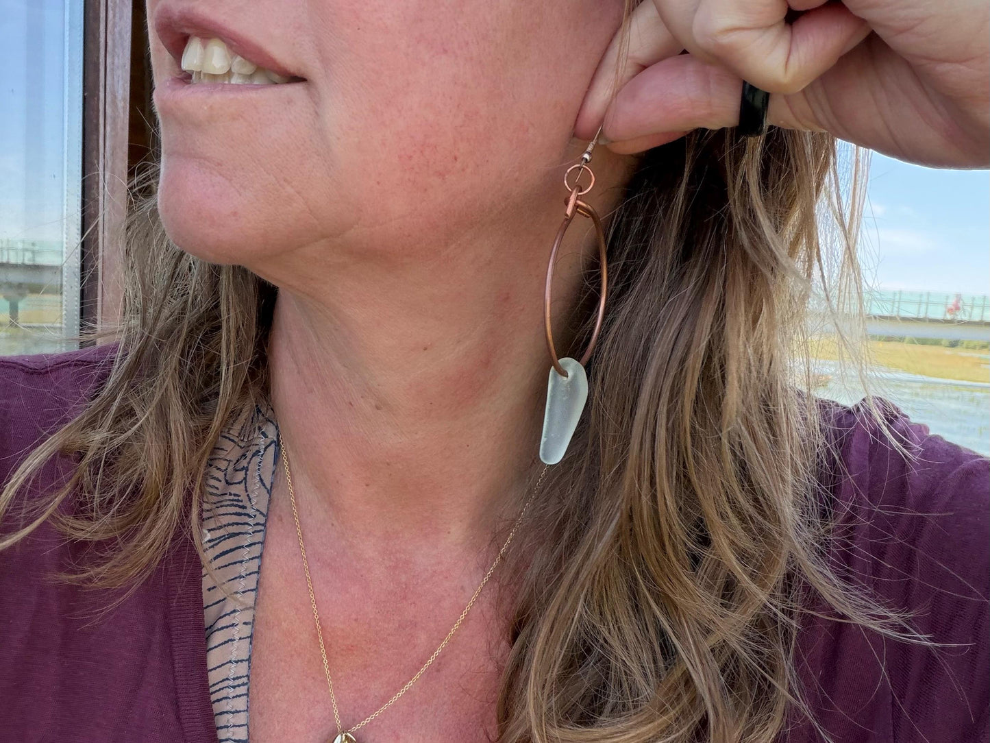 Eco friendly glass hoops on recycled copper.. Unique earrings, ethical jewellery, unusual boho jewellery, eco friendly jewellery. Eco gifts.