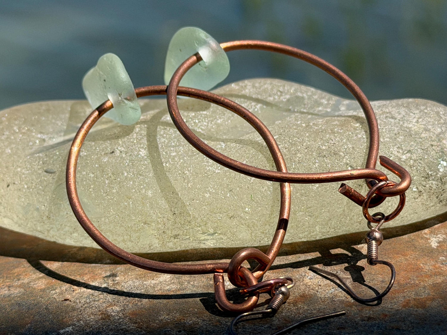 Eco friendly glass hoops on recycled copper.. Unique earrings, ethical jewellery, unusual boho jewellery, eco friendly jewellery. Eco gifts.