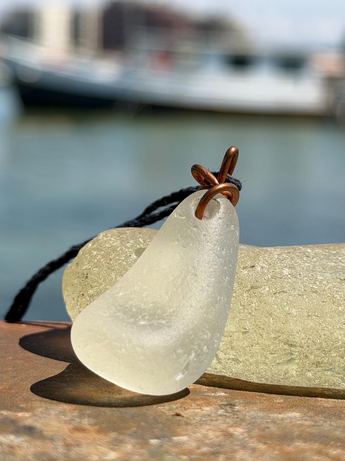 White sea glass necklace wrapped in recycled copper. Recycled necklace. Ethical jewellery. Sea glass pendant. Eco friendly necklace. Boho