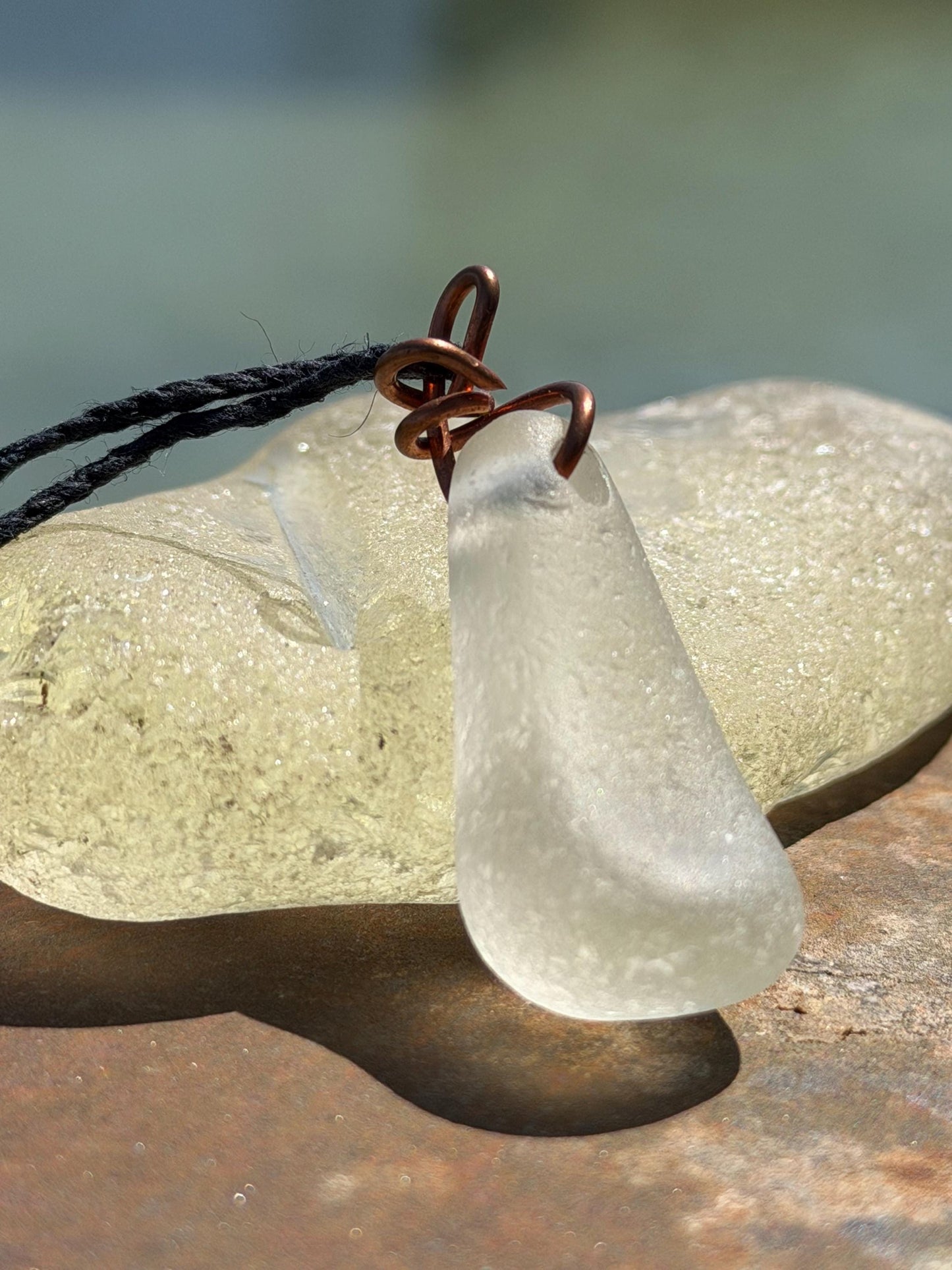 White sea glass necklace wrapped in recycled copper. Recycled necklace. Ethical jewellery. Sea glass pendant. Eco friendly necklace. Boho
