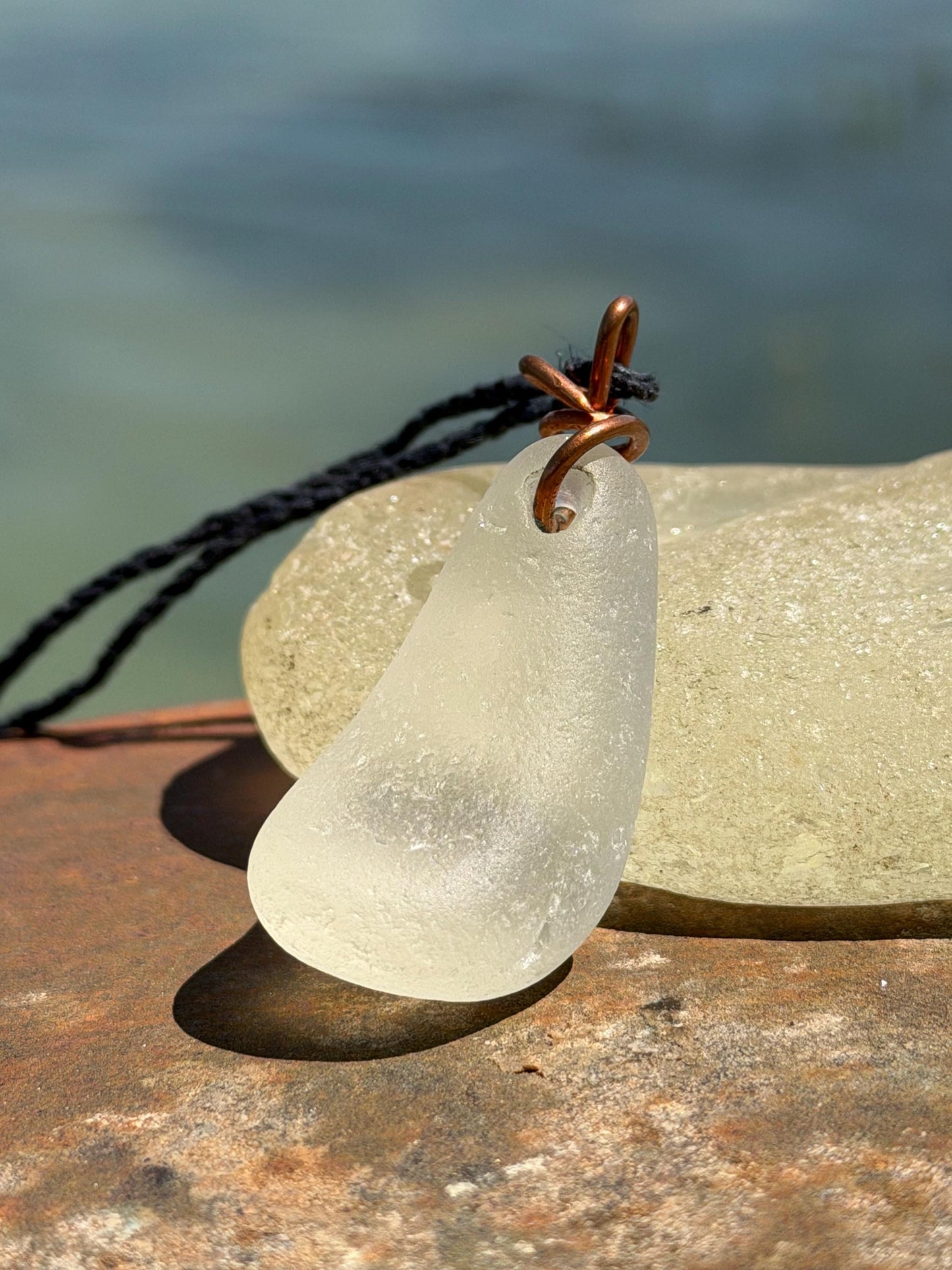 White sea glass necklace wrapped in recycled copper. Recycled necklace. Ethical jewellery. Sea glass pendant. Eco friendly necklace. Boho