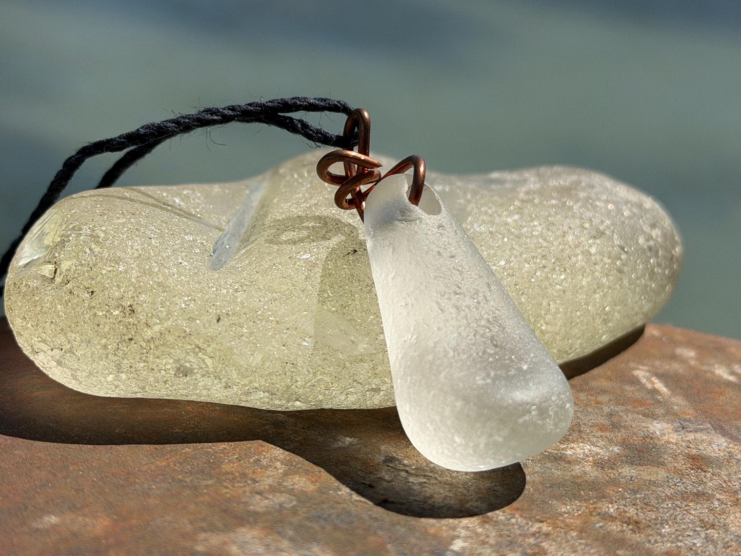 White sea glass necklace wrapped in recycled copper. Recycled necklace. Ethical jewellery. Sea glass pendant. Eco friendly necklace. Boho